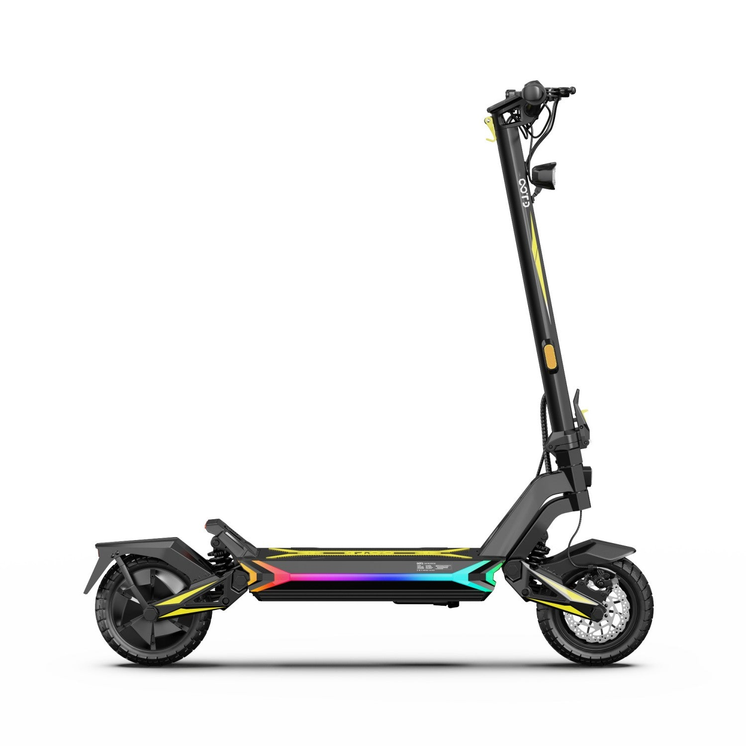 Uno scooter elettrico nero con accenti gialli e luci LED colorate sul ponte.