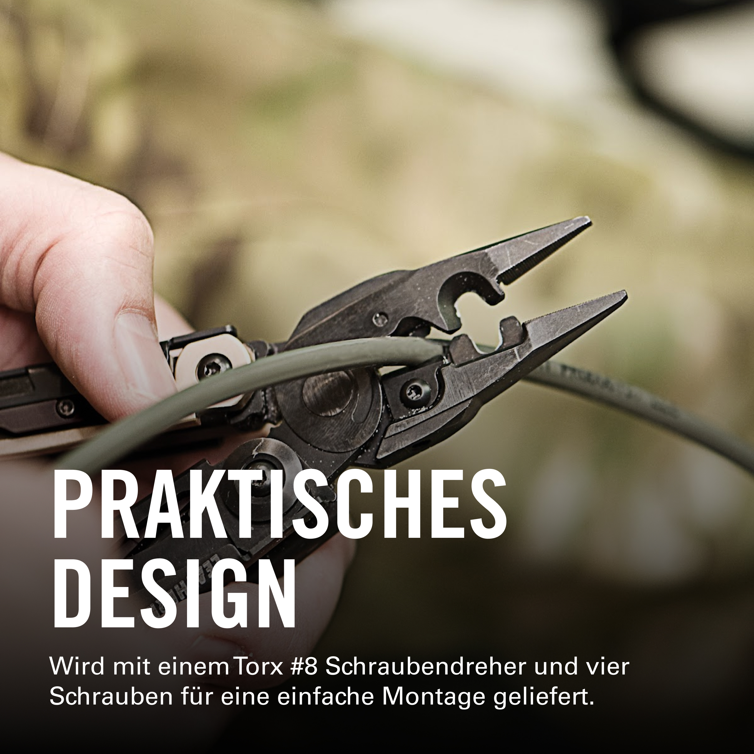 Ein Mann hält eine Zange, die ein Kabel greift. Praktisches Design.
