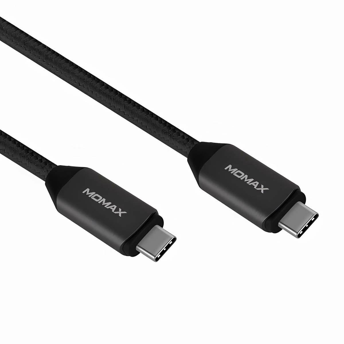 Zwei schwarze USB-C-Kabel mit MOMAX-Logo auf weißem Hintergrund.