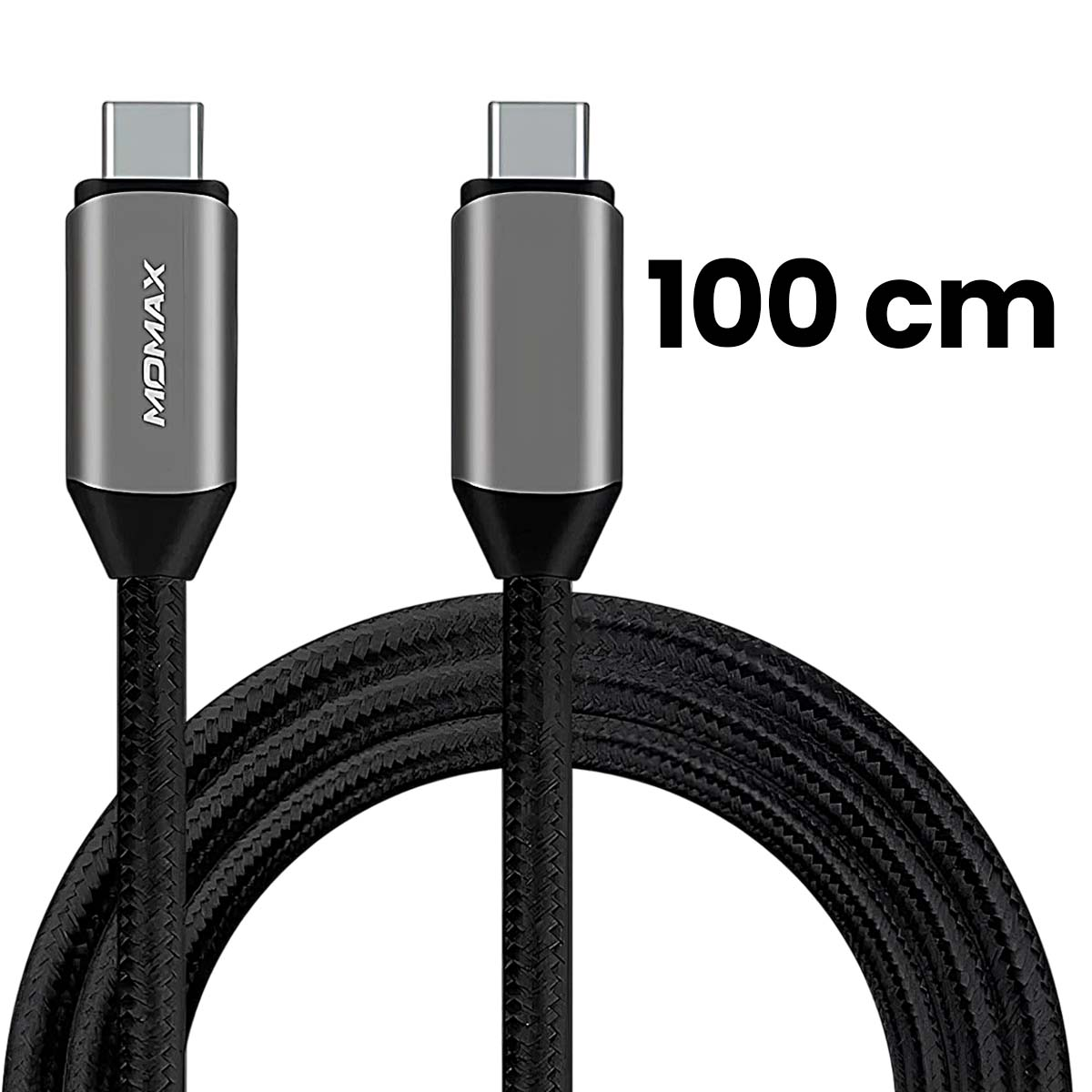 Zwei silberne USB-C-Kabel mit schwarzen geflochtenen Schnüren und silbernen Steckern. Text: '100 cm'.