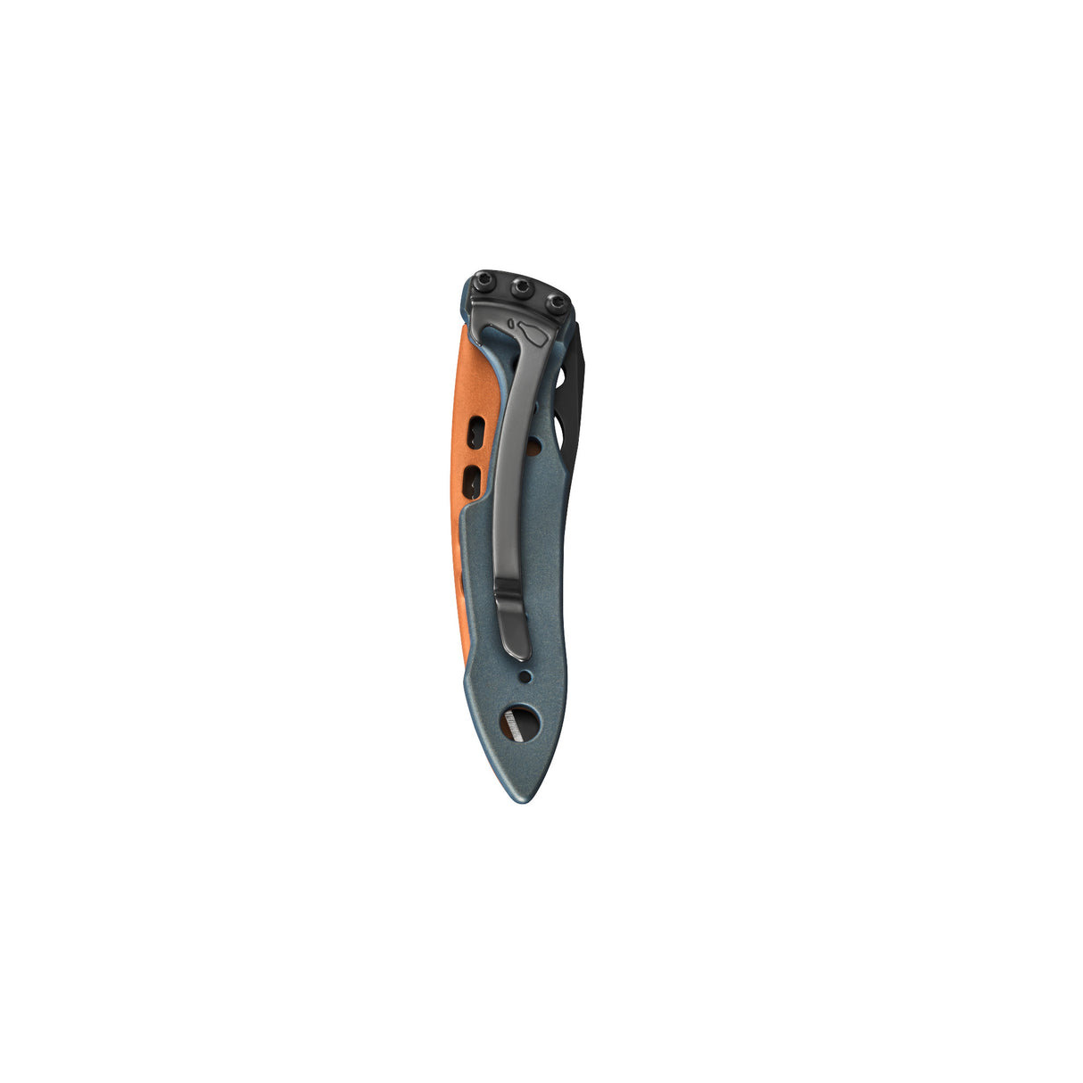 Ein Klappmesser mit orangefarbenem Griff und grauem Clip, auf weißem Hintergrund.