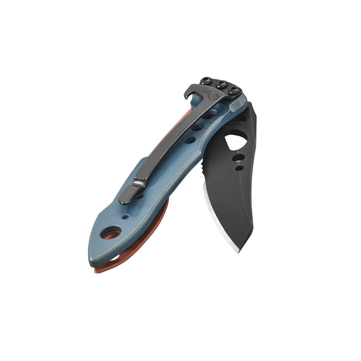 Ein blaues Klappmesser mit schwarzer Klinge und Clip.