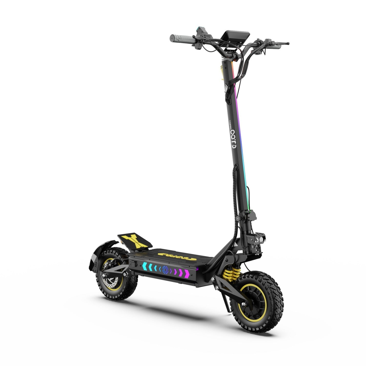 Monopattino elettrico nero con accenti gialli, pneumatici da fuoristrada e luci LED.