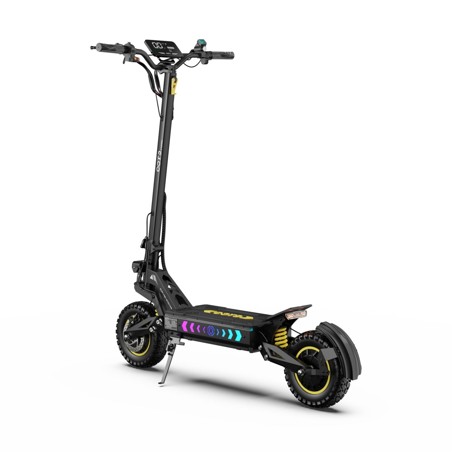 Uno scooter elettrico nero con accenti gialli e display digitale sul manubrio.