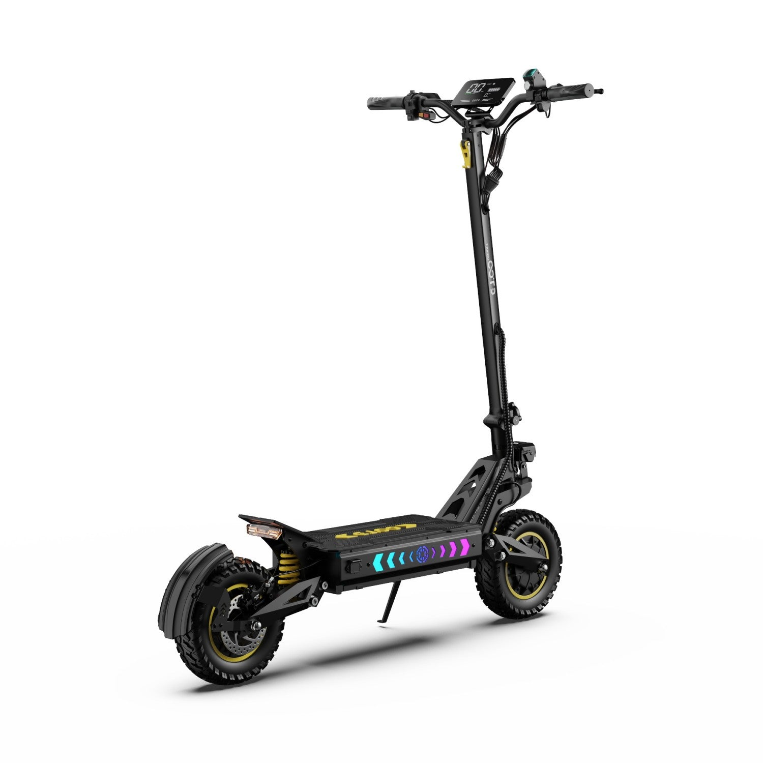 Monopattino elettrico nero con pneumatici grandi, display digitale e accenti colorati.