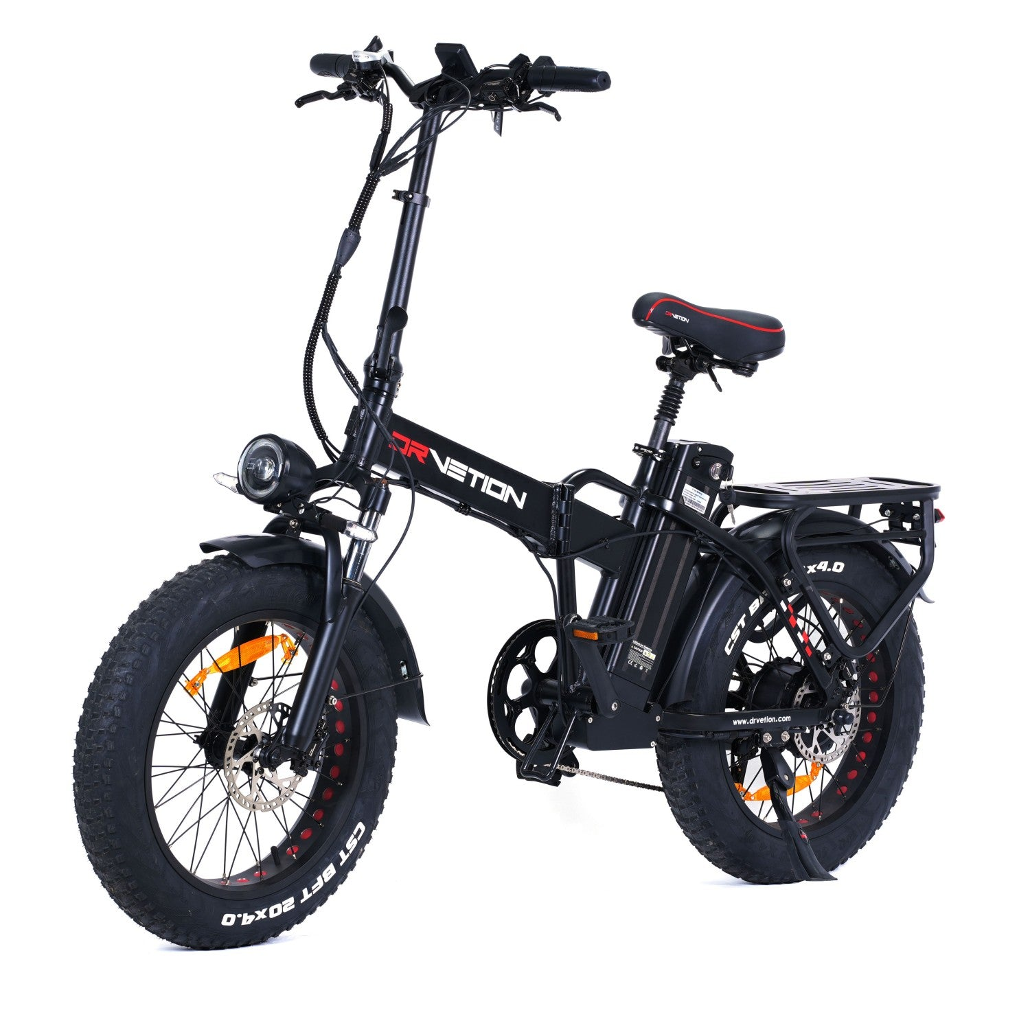 Bicicletta fat pieghevole nera con pneumatici larghi, sospensioni e portapacchi.