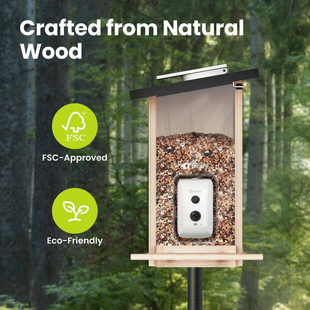 Holz-Vogelhaus mit Vogelfutter und Kamera. FSC & Öko-Label.