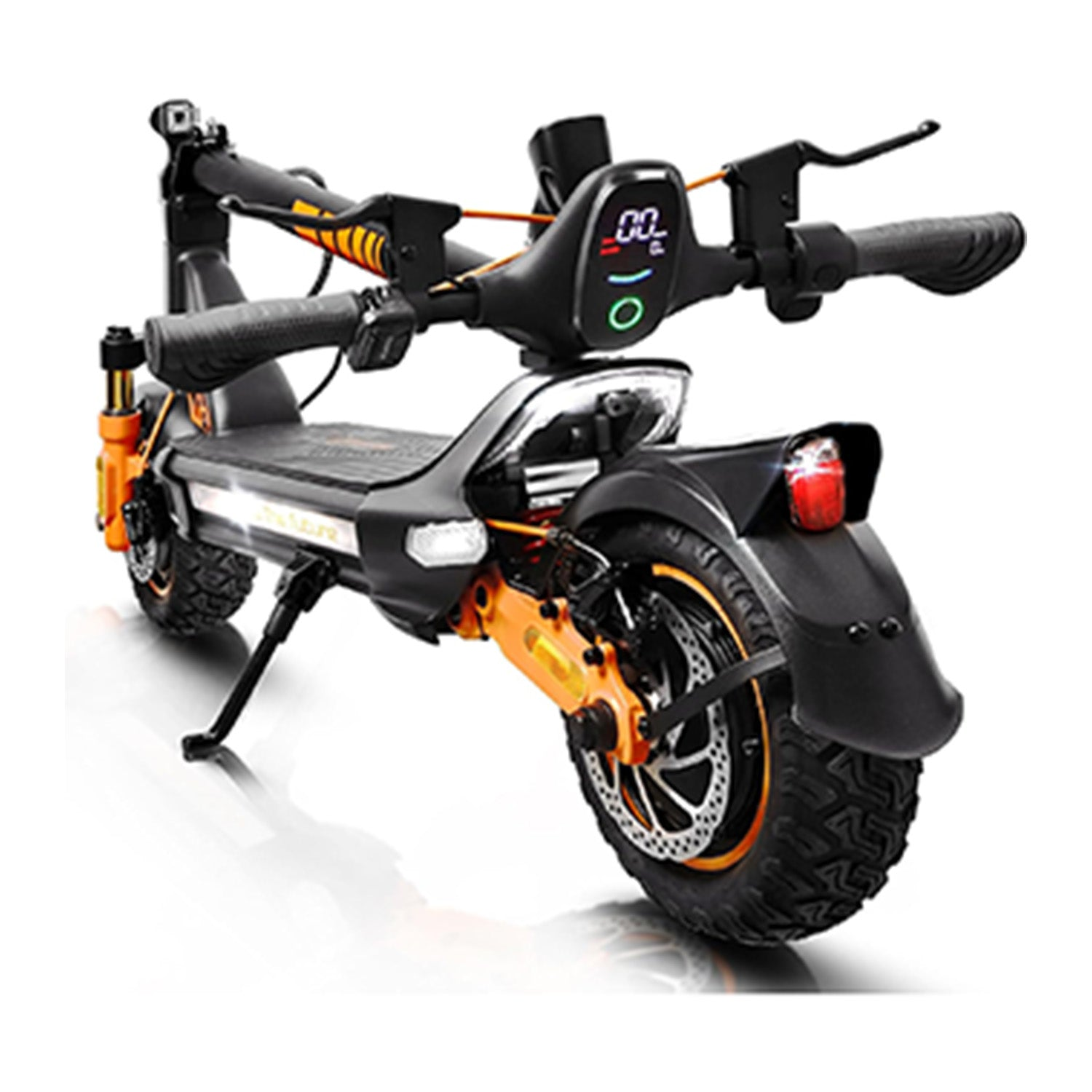 Uno scooter elettrico nero con accenti arancioni e pneumatici robusti, su sfondo bianco.