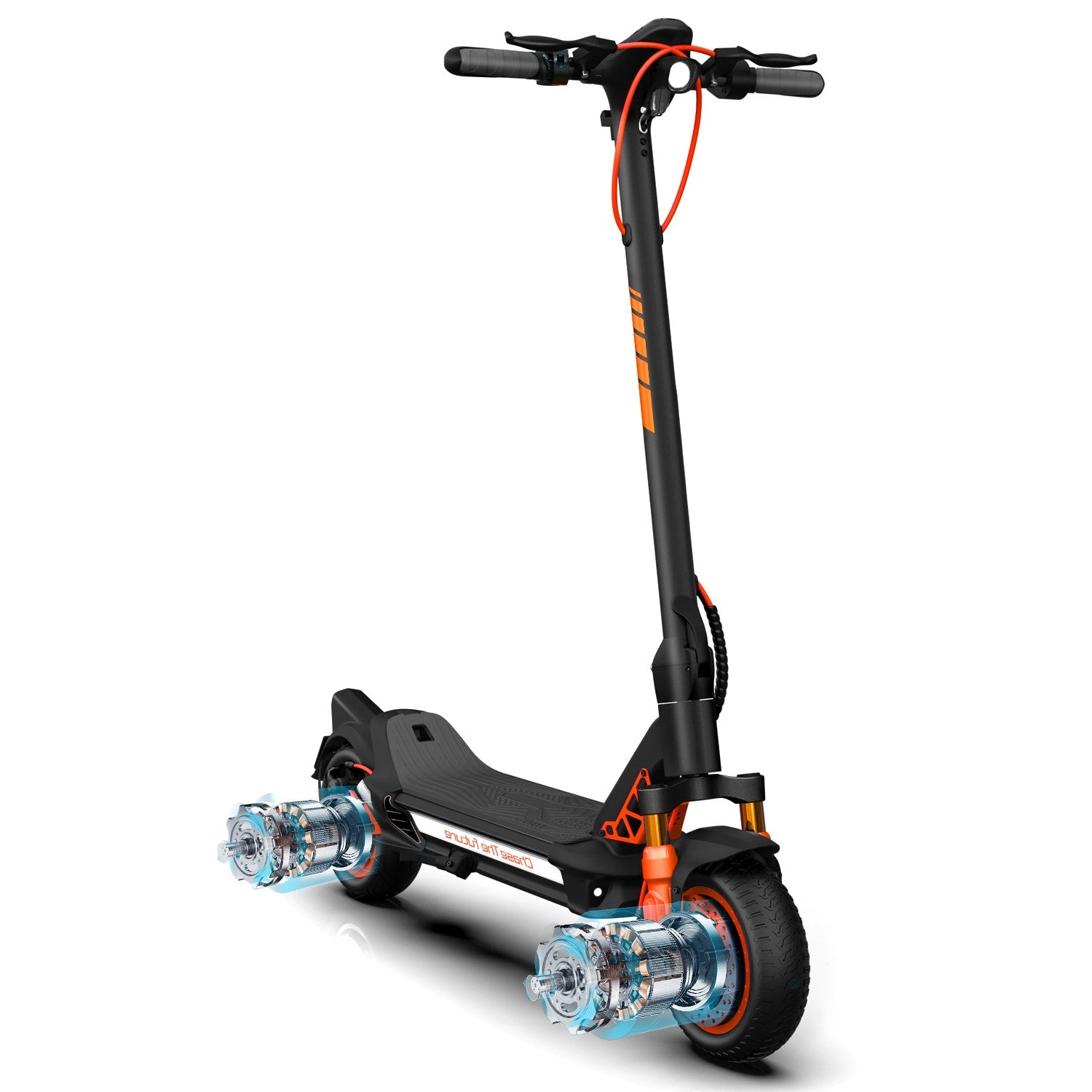 Monopattino elettrico nero con accenti arancioni e motori trasparenti.
