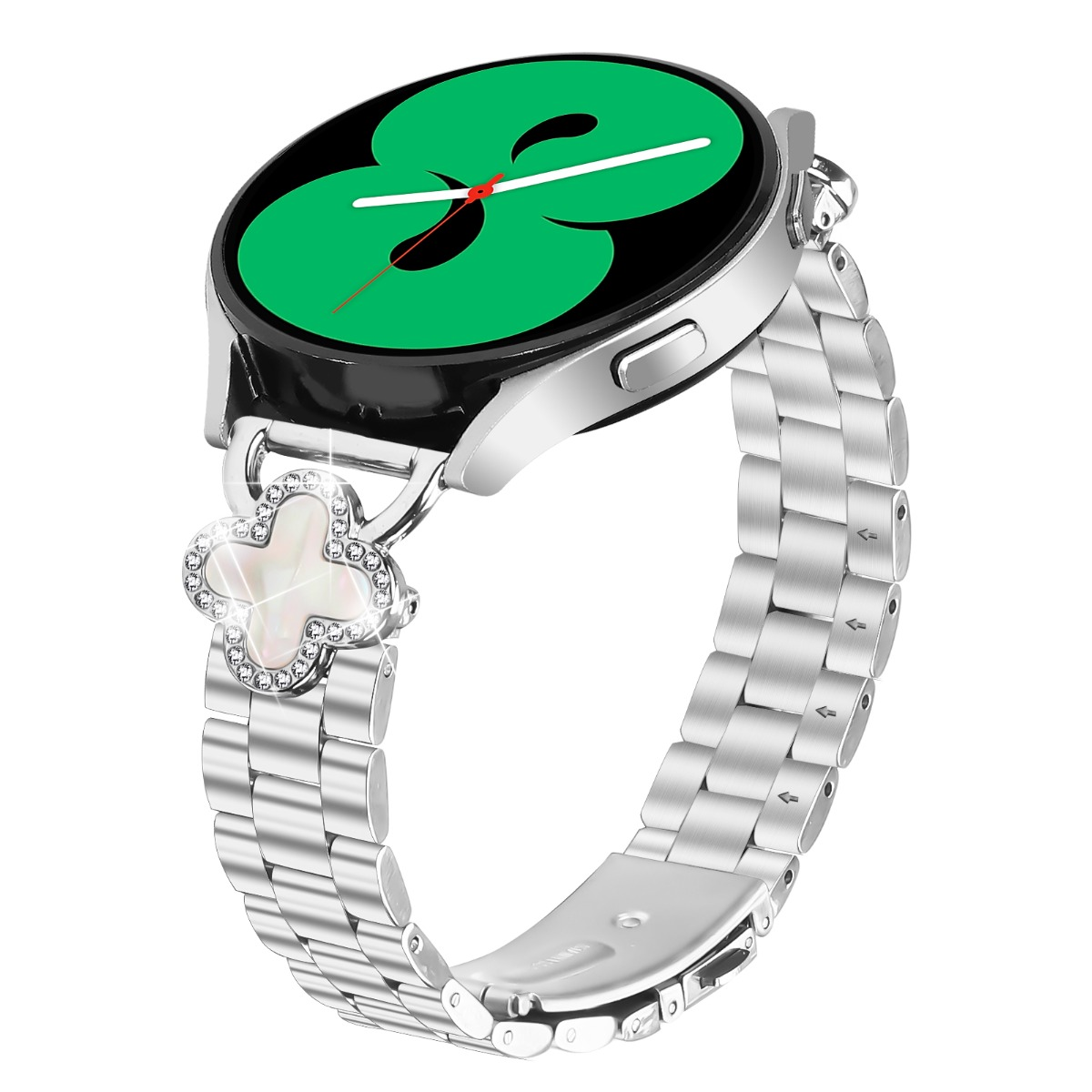 Silberne Smartwatch mit grünem Zifferblatt und Kleeblatt-Anhänger.