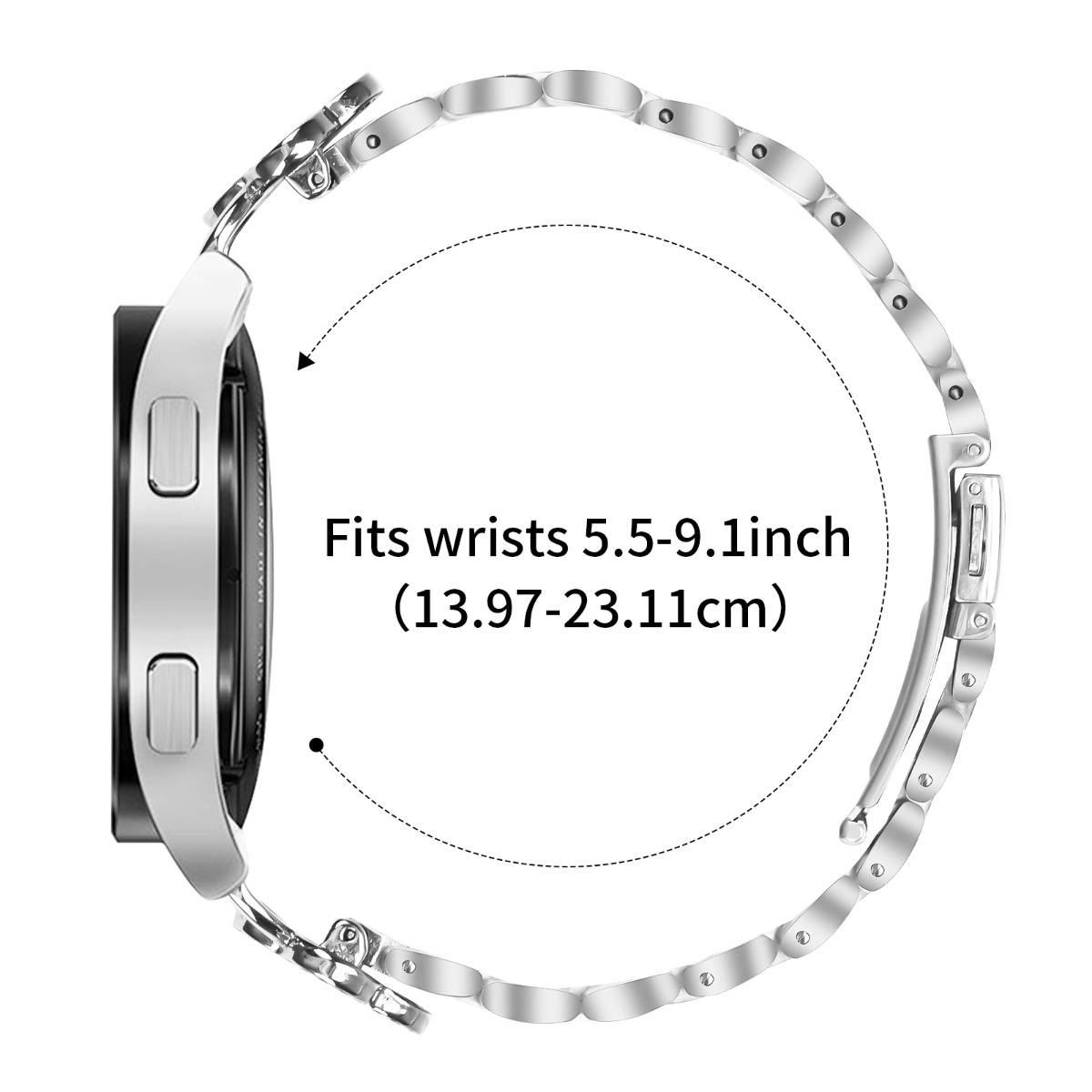 Silbernes Uhrenarmband passt an Handgelenke von 13,97-23,11 cm.
