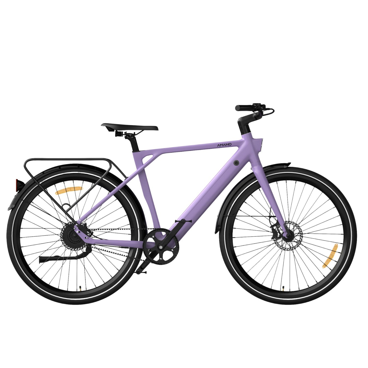Una bicicleta eléctrica morada con portaequipajes trasero y neumáticos negros.