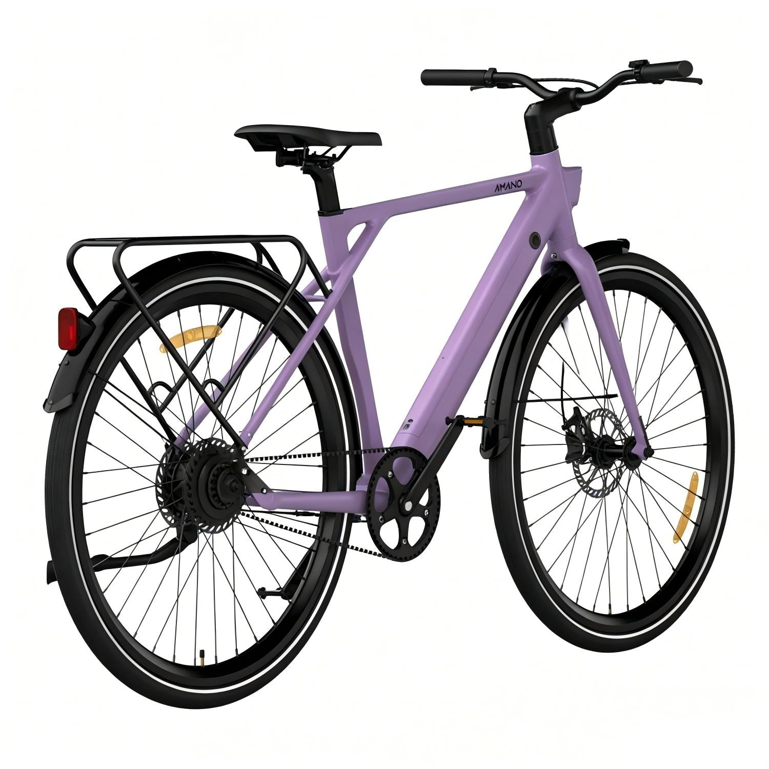 Una bicicleta morada con portabultos trasero y frenos de disco.