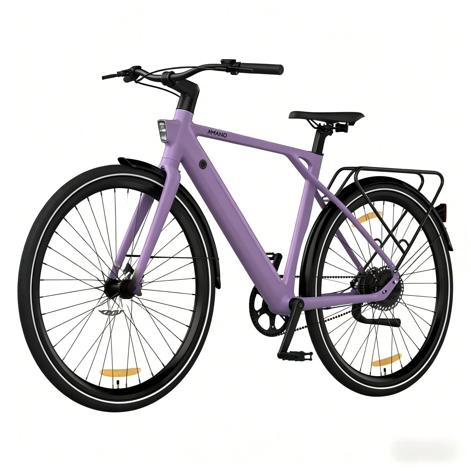 Una bicicleta morada con portaequipajes trasero y faro.