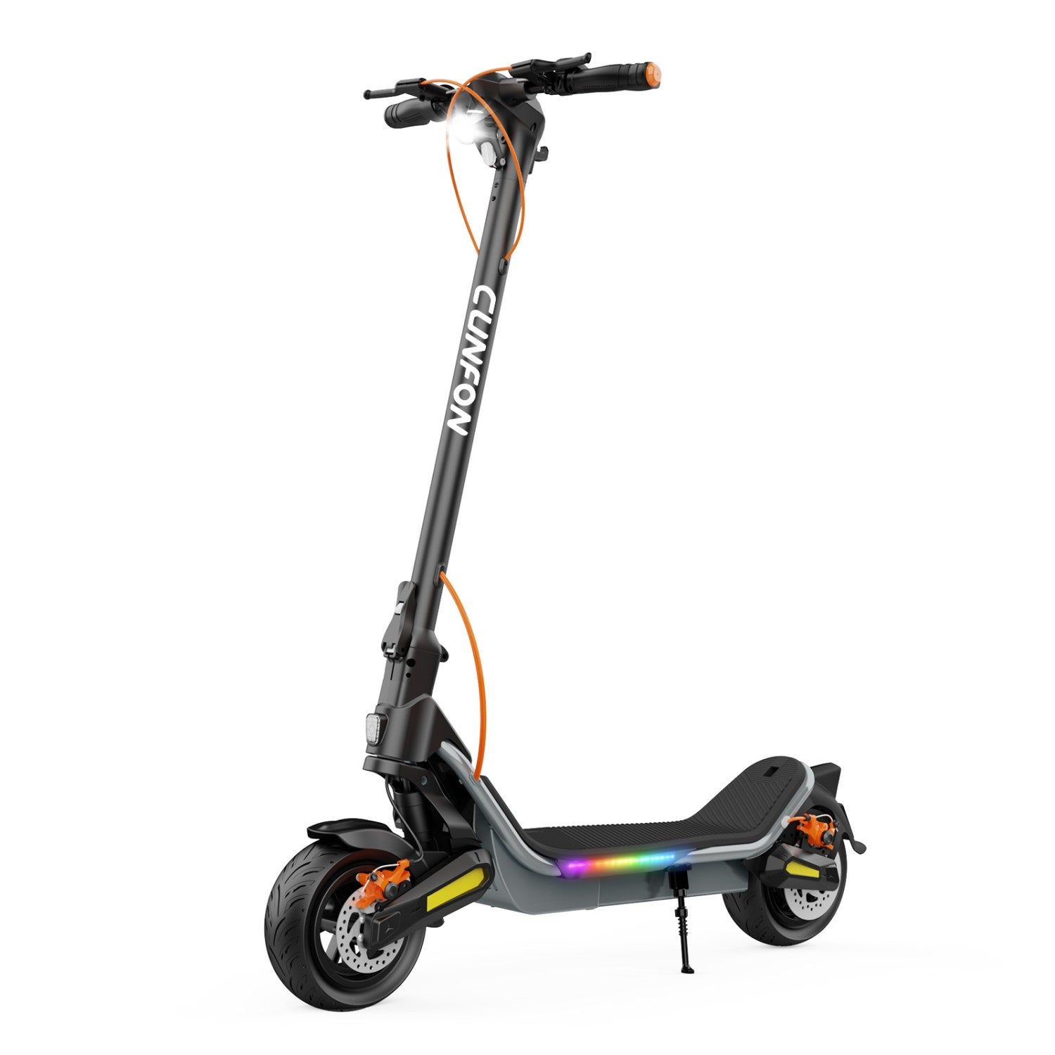 Uno scooter elettrico nero con accenti arancioni e illuminazione a LED.