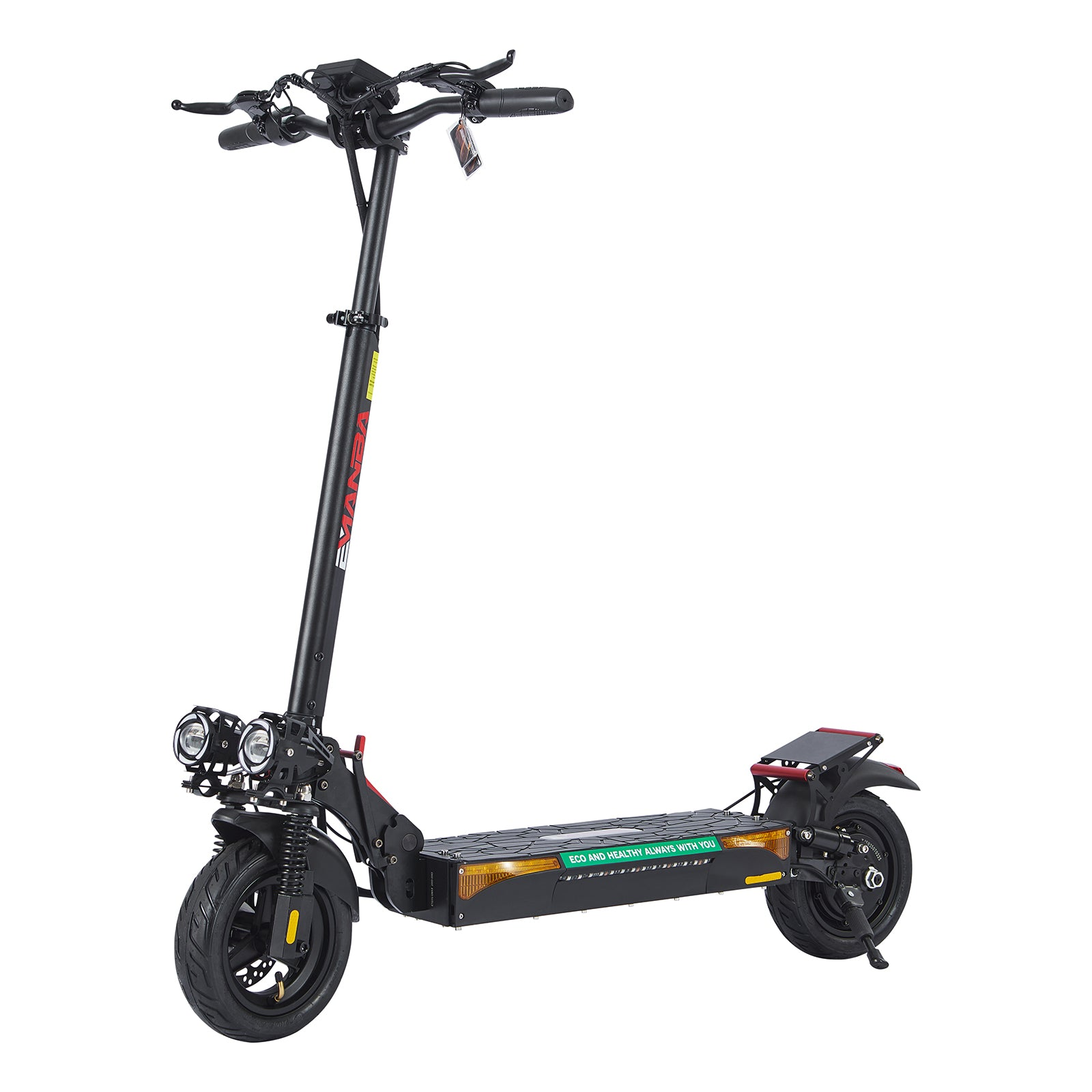 Uno scooter elettrico nero con doppio faro anteriore e accenti rossi.
