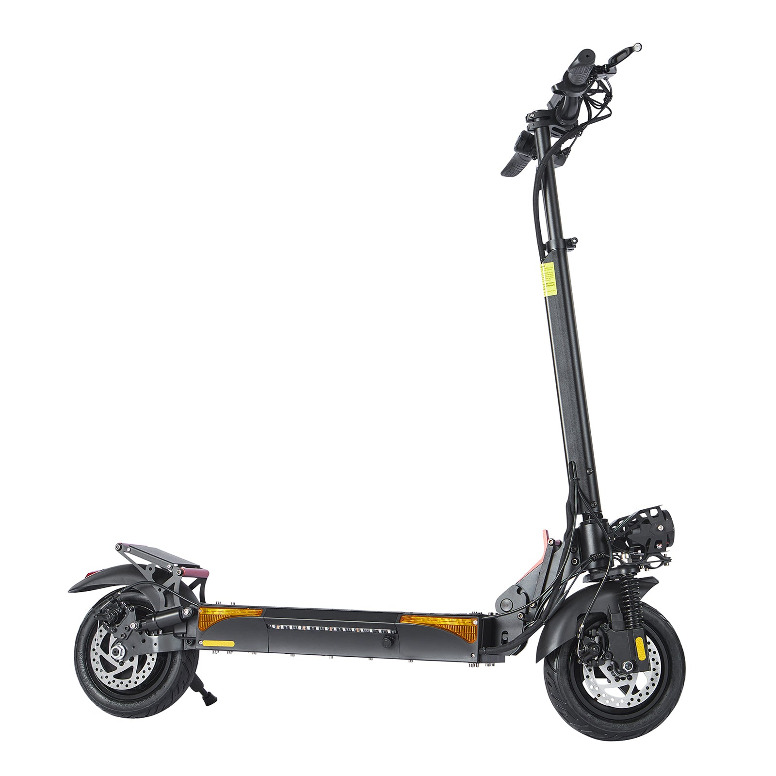 Monopattino elettrico nero con sospensioni e luci.