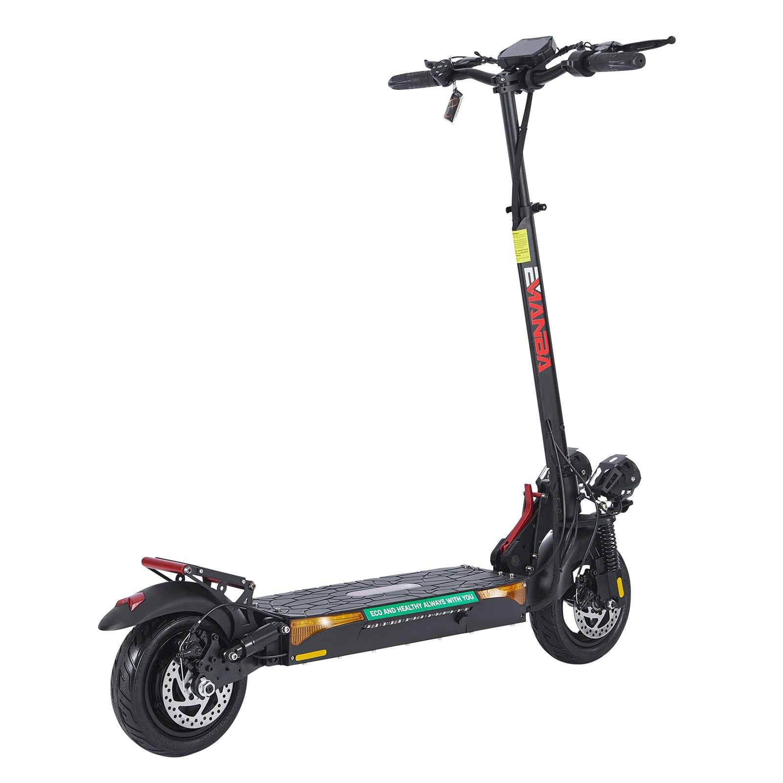 Uno scooter elettrico nero con accenti rossi e display sul manubrio.