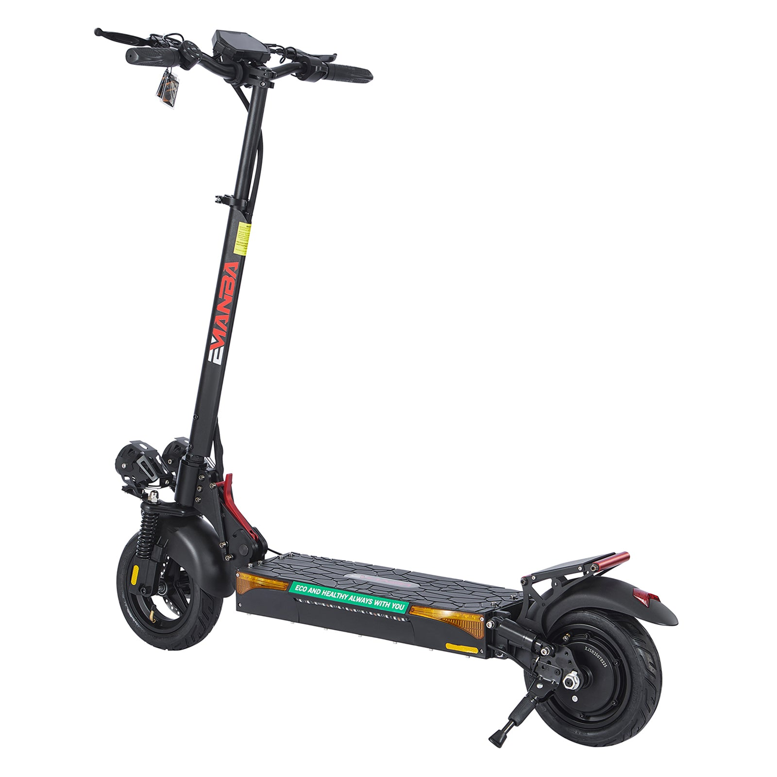 Uno scooter elettrico nero con accenti rossi, doppio faro e schermo.