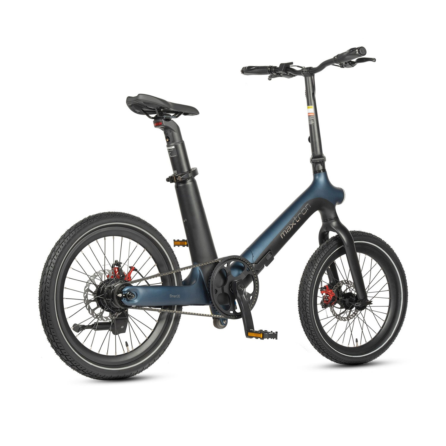 Bici elettrica blu scuro con pneumatici e cerchi neri, freno rosso, scritte bianche.