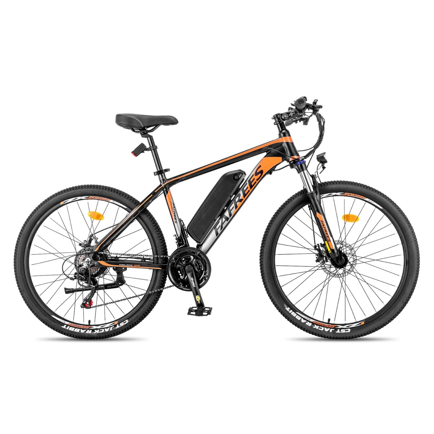 Ein schwarzes und orangefarbenes Elektro-Mountainbike mit Akkupack am Rahmen.