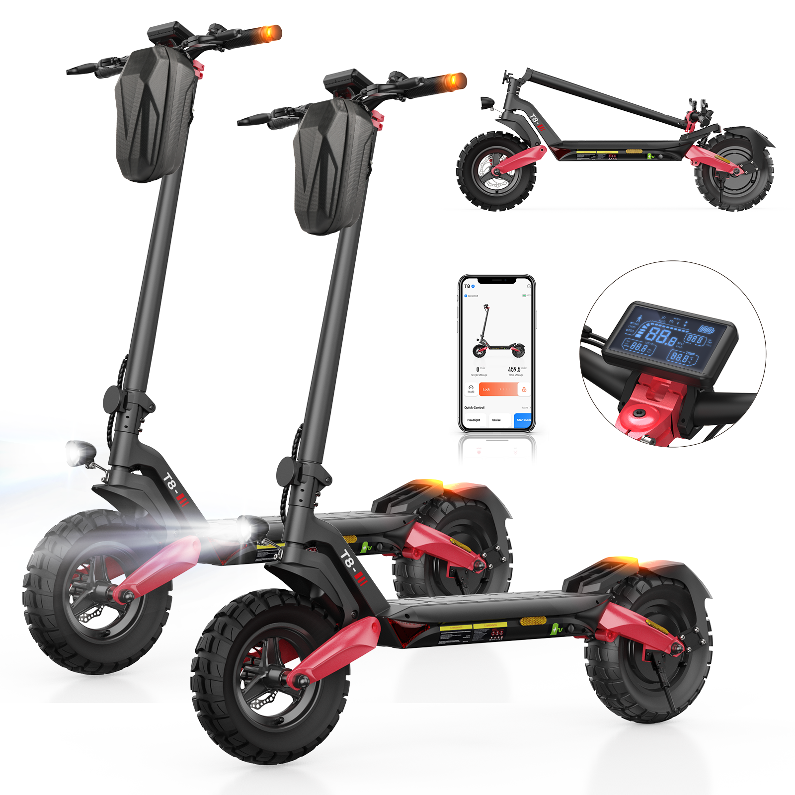 Zwei schwarze E-Scooter mit roten Akzenten, breiten Reifen und Taschen am Lenker.