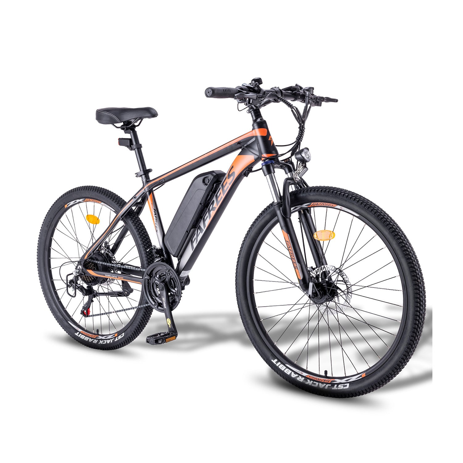 Schwarz-oranges Elektro-Mountainbike mit Akku am Rahmen, Scheibenbremsen.
