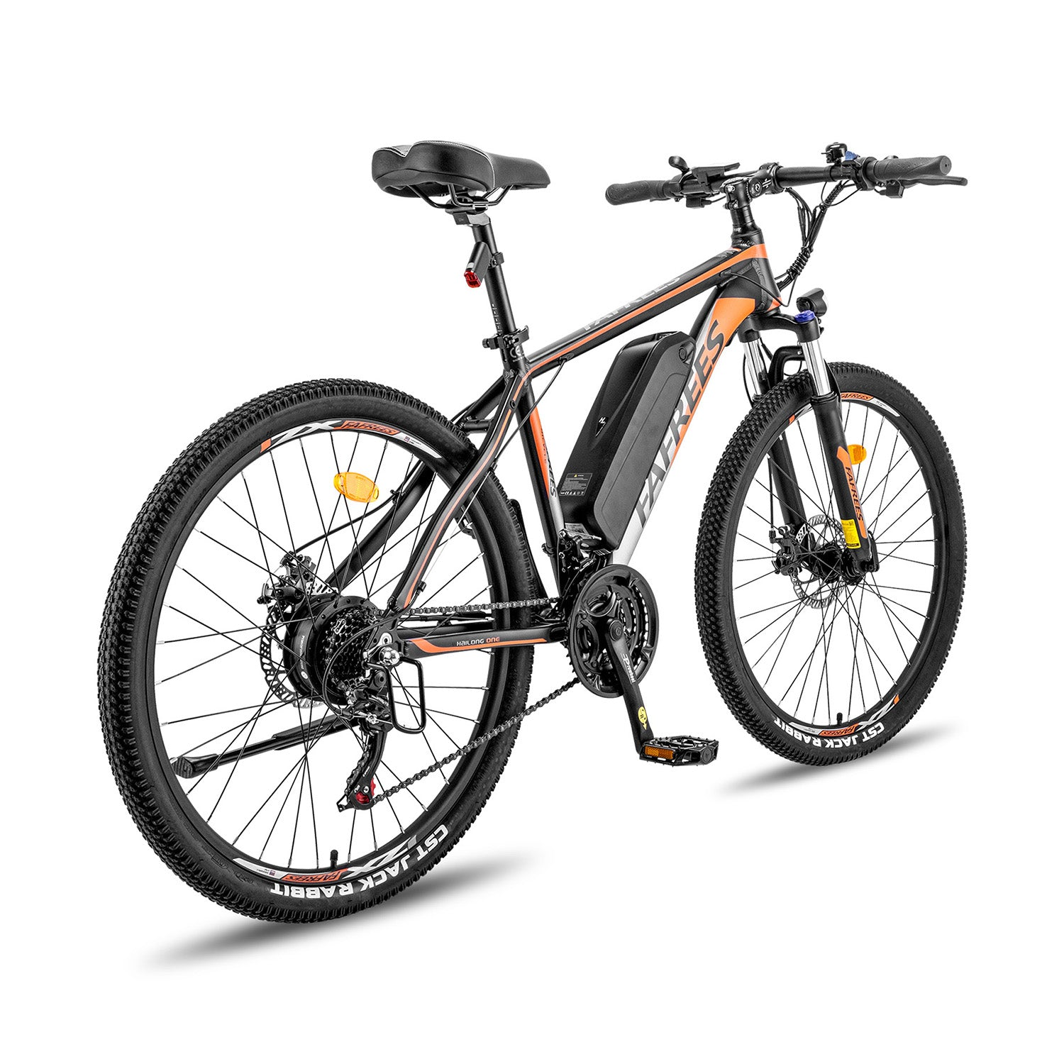Schwarzes E-Mountainbike mit orangen Akzenten, Scheibenbremsen und grobstolligen Reifen.
