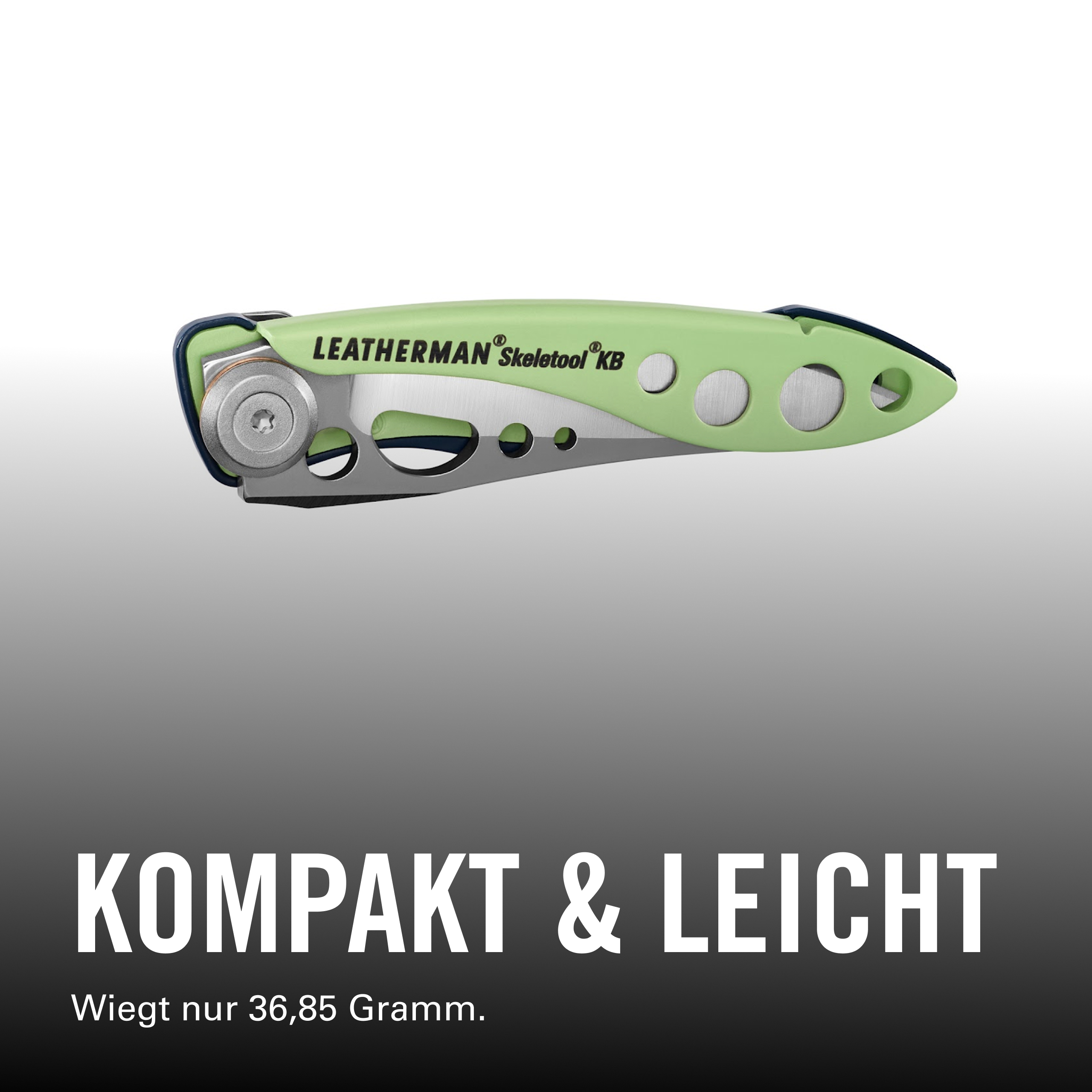 Leatherman Skeletool KB, hellgrün, kompakt und leicht, wiegt 36,85 Gramm.