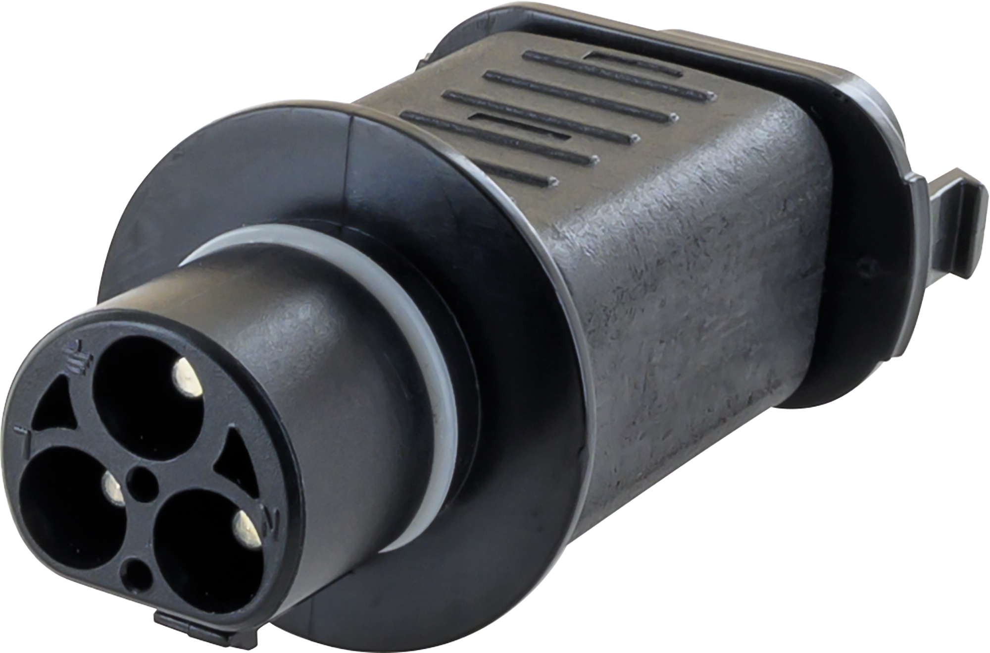 Ein schwarzer Ladestecker mit drei runden Kontakten und einem grauen Ring.