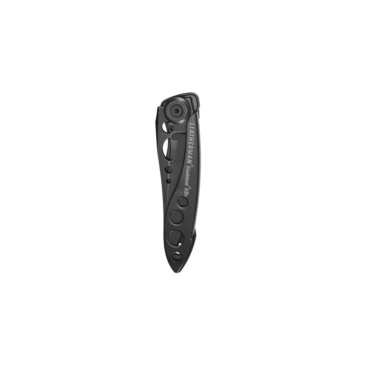 Ein schwarzes Multitool von Leatherman mit Skelett-Design und dem Namen "Skeletool KBX".