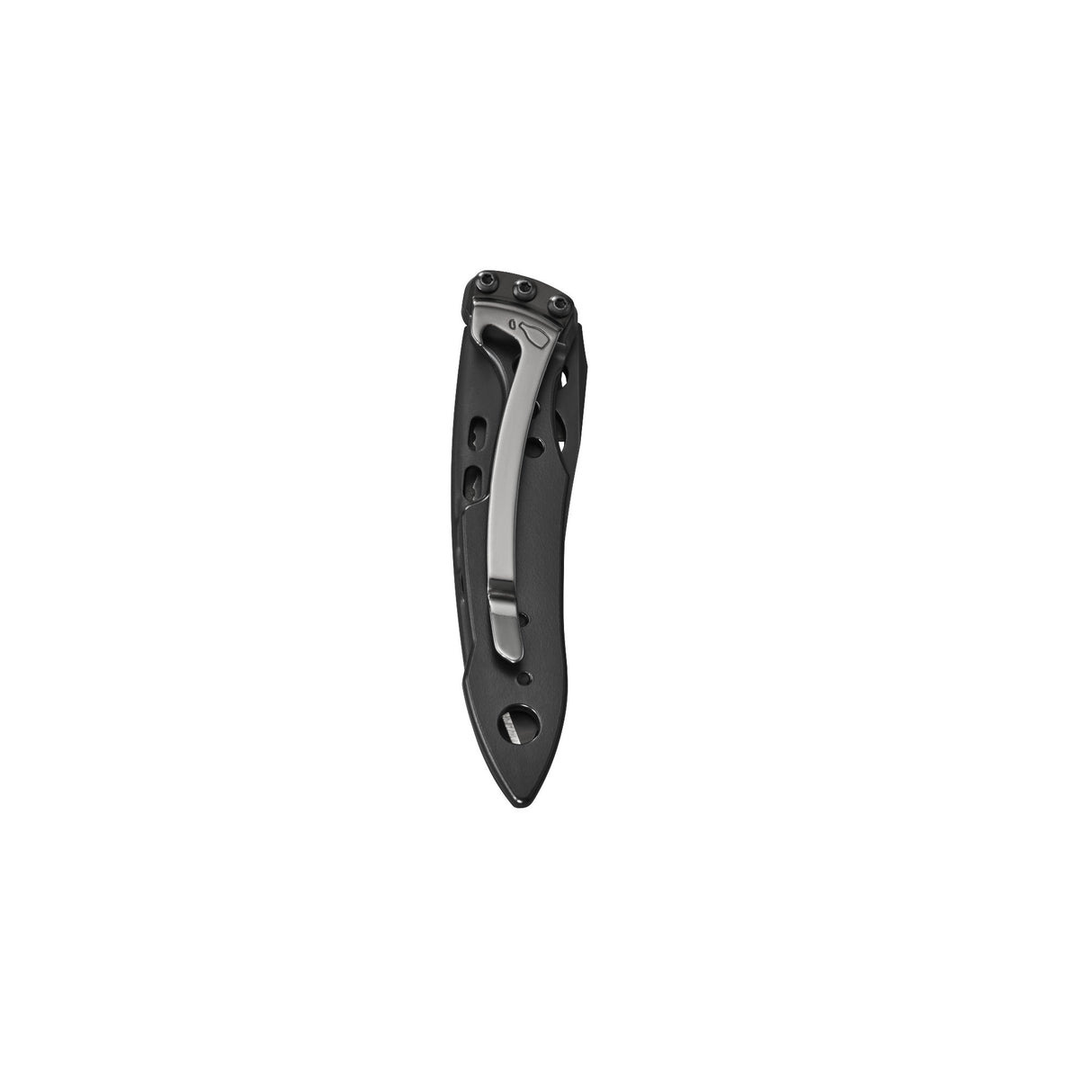 Ein schwarzes Klappmesser mit silbernem Clip auf weißem Hintergrund.