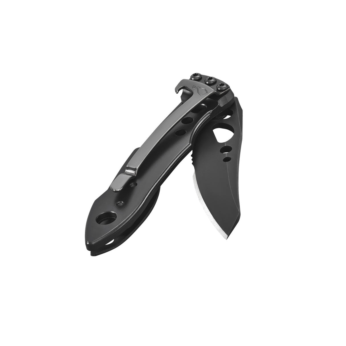 Ein schwarzes Klappmesser mit silbernem Clip und Flaschenöffner.