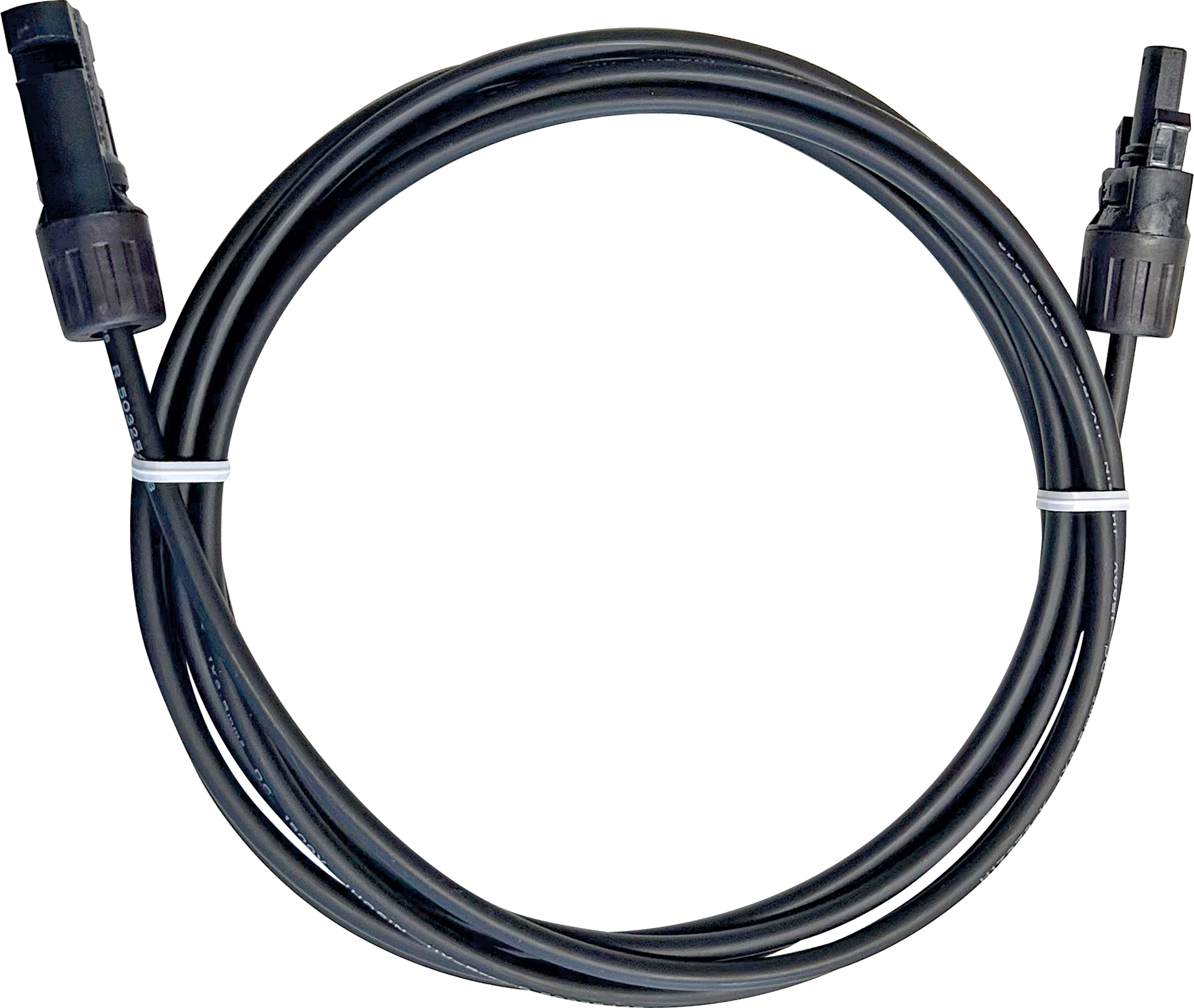 Ein schwarzes Solarkabel mit Steckverbindern, aufgerollt und mit weißem Klettband gehalten.