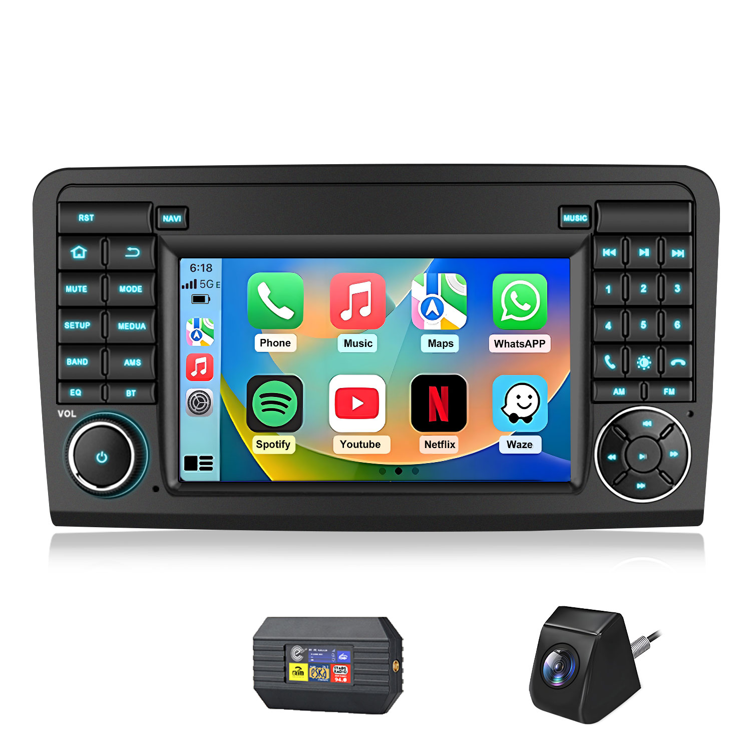 Ein Autoradio mit Touchscreen, Apps, Tasten und darunter eine Rückfahrkamera.