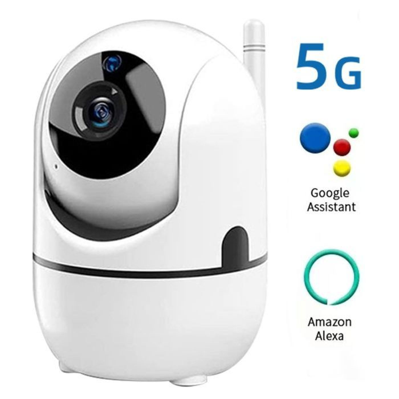 Eine weiße 5G-Kamera mit Google Assistant und Amazon Alexa Logos.