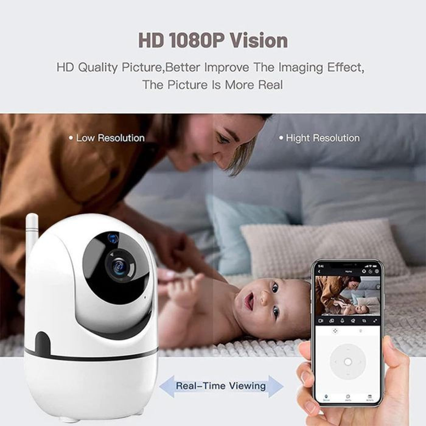 Ein weißer Baby-Monitor zeigt ein Baby onscreen. HD 1080P Vision.