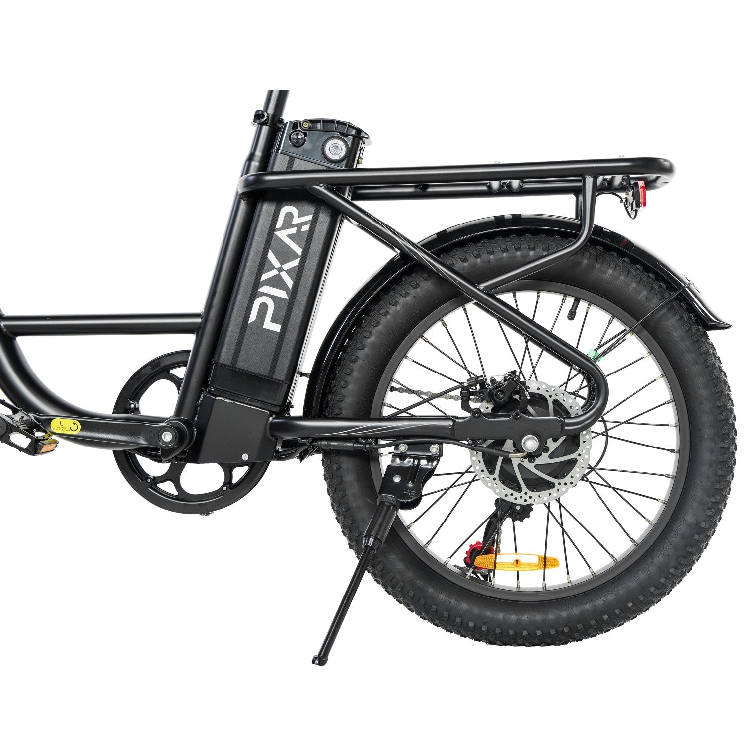 Bicicleta eléctrica negra con llanta ancha, portaequipajes y logo Pixap.
