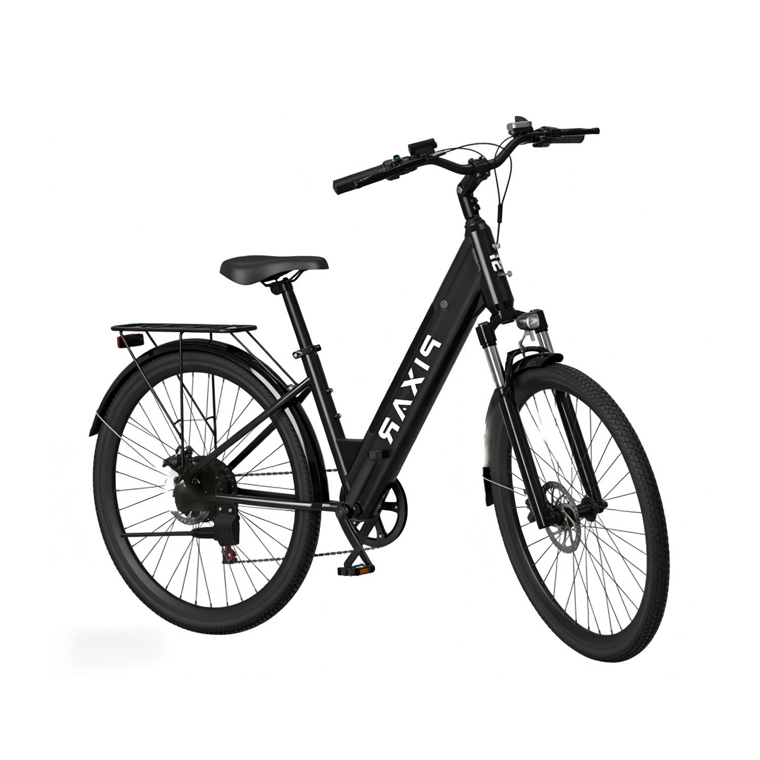 Bicicleta eléctrica negra con portaequipajes, logo blanco, sobre fondo blanco.