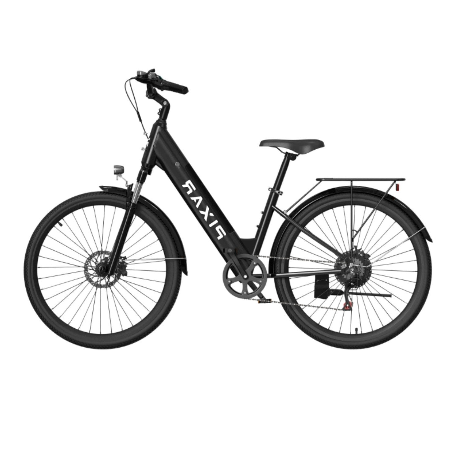 Una bicicleta negra con portaequipajes trasero y frenos de disco sobre fondo blanco.