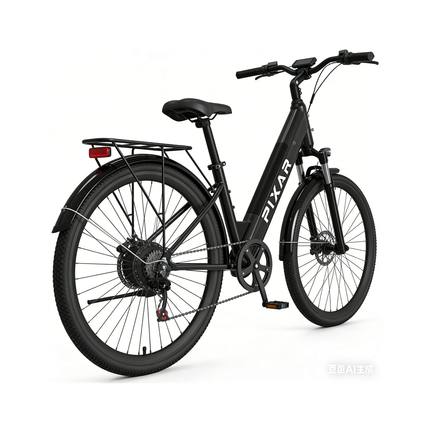 Bicicleta eléctrica negra con portaequipajes trasero y guardabarros.