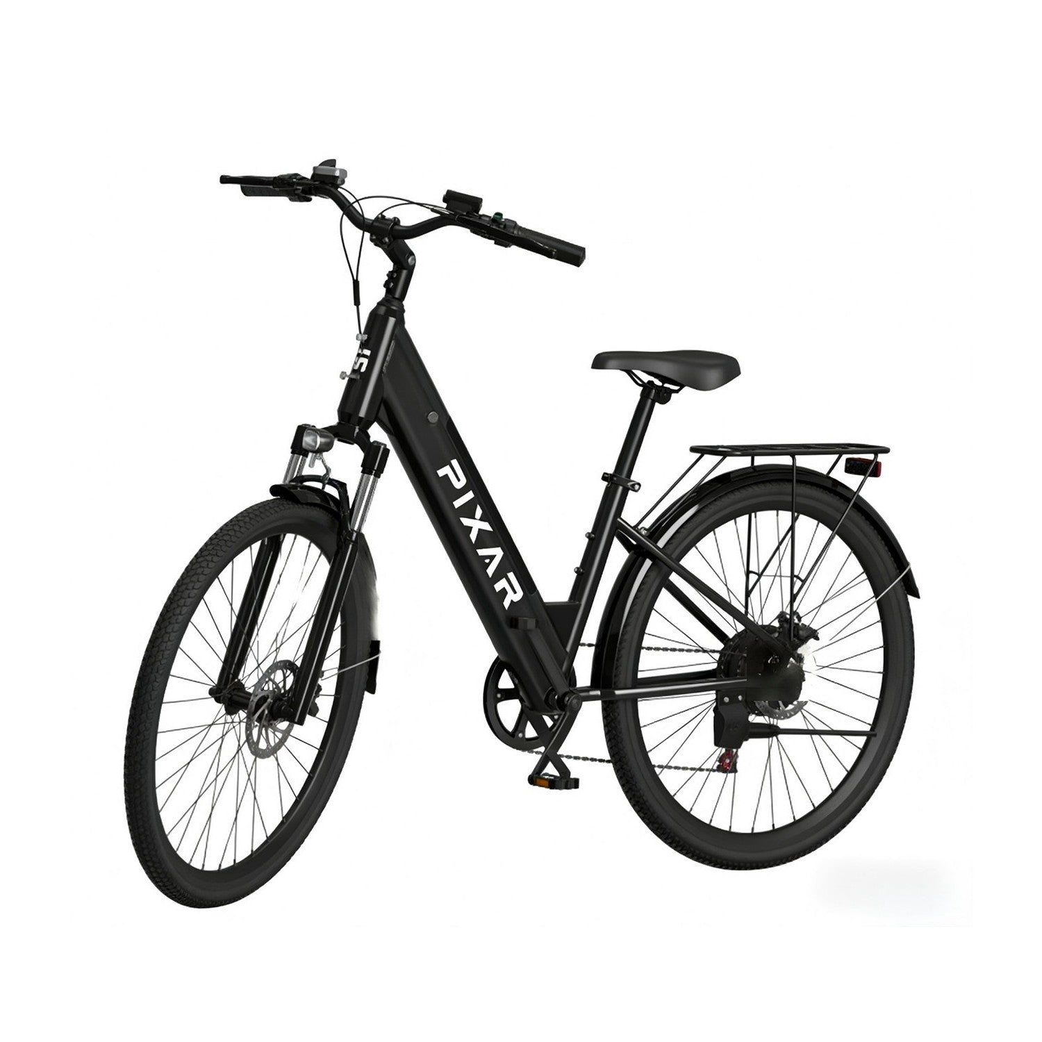 Bicicleta eléctrica negra con portaequipajes, guardabarros y frenos de disco, fondo blanco.