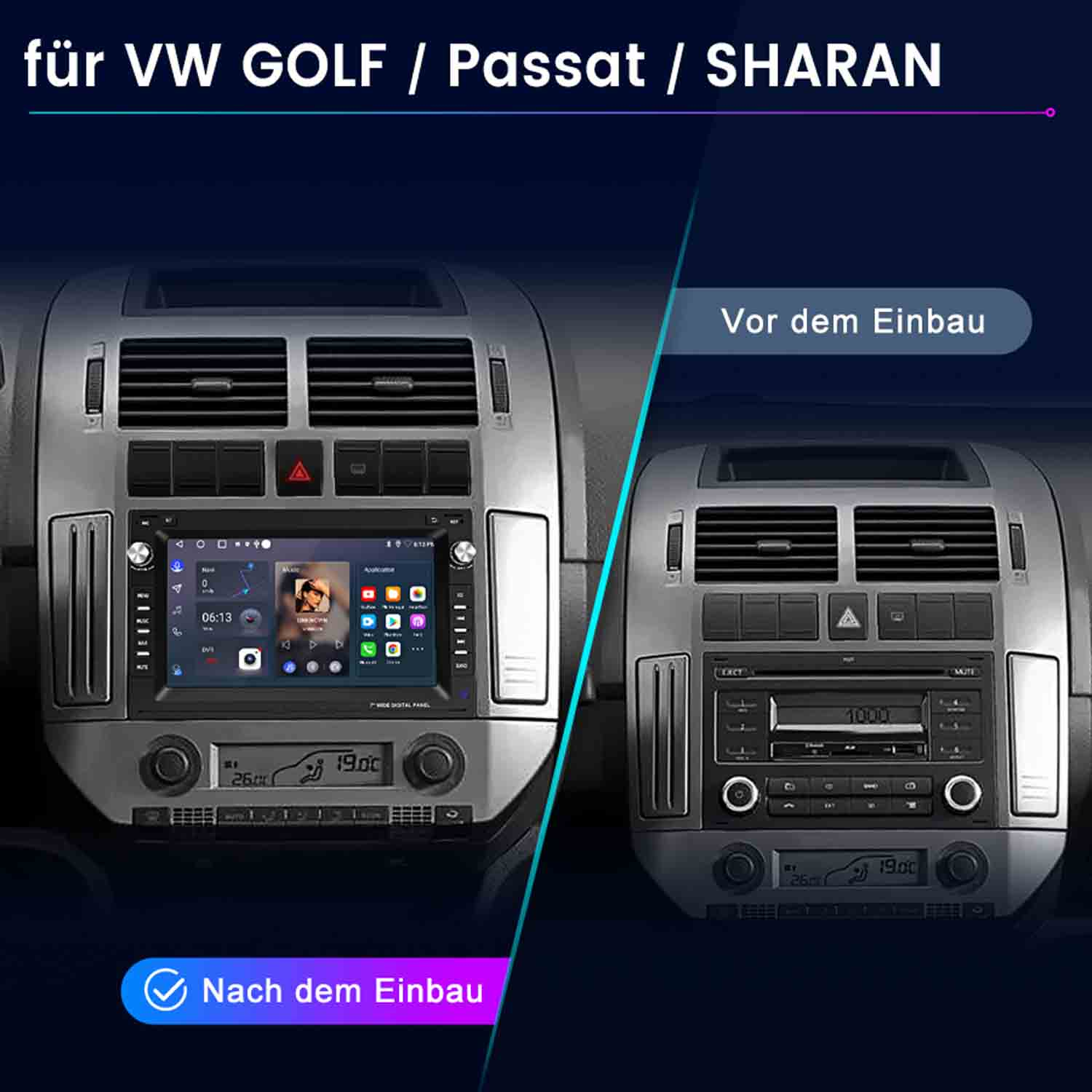Vergleich zweier VW Autoradios: links mit Touchscreen, rechts altes Modell.