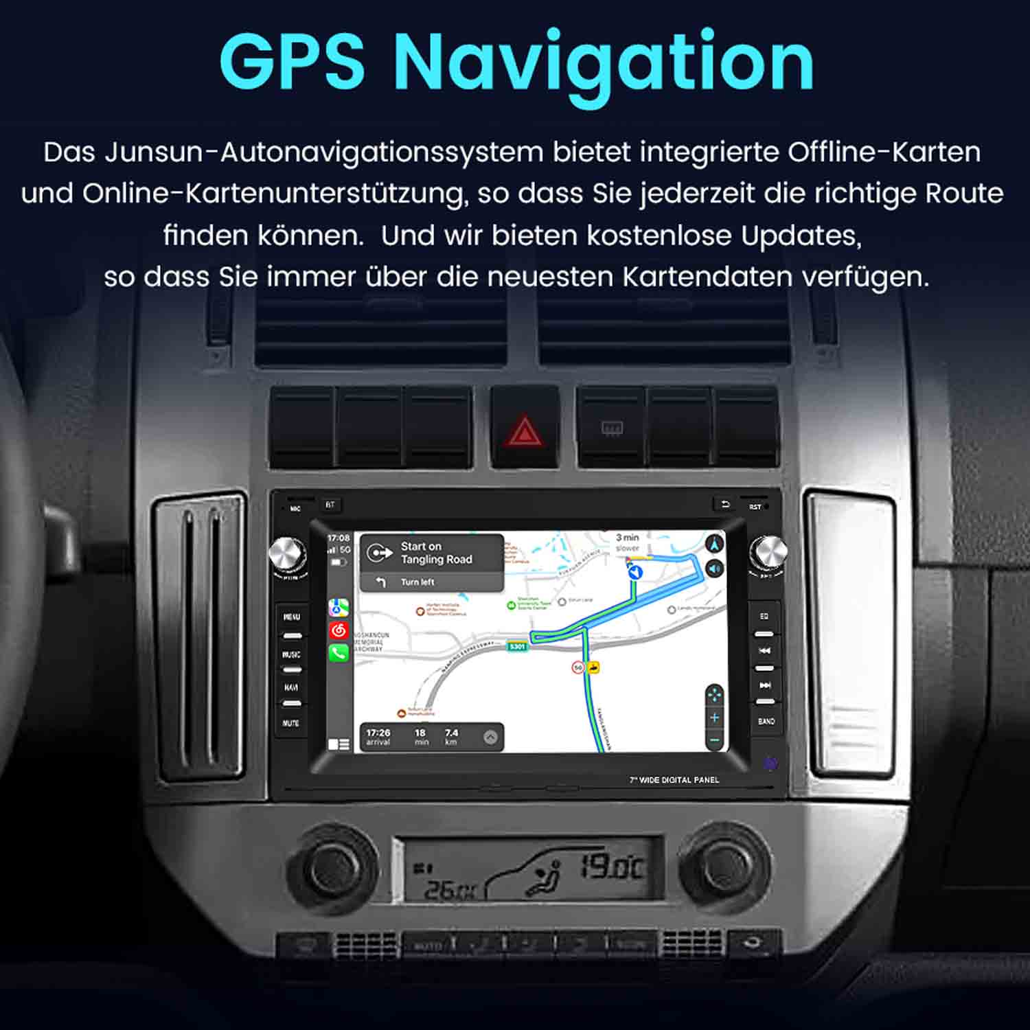 Ein GPS-Navigationssystem in einem Auto mit Karte und Routenanzeige.