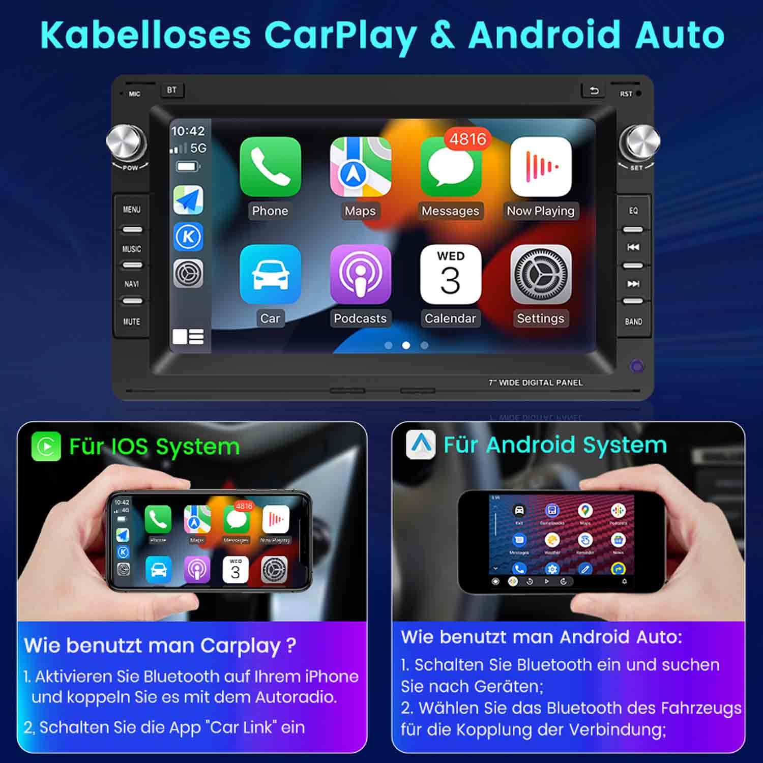 Ein Autoradio mit Touchscreen zeigt die CarPlay- und Android Auto-Oberfläche, daneben zwei Smartphones.