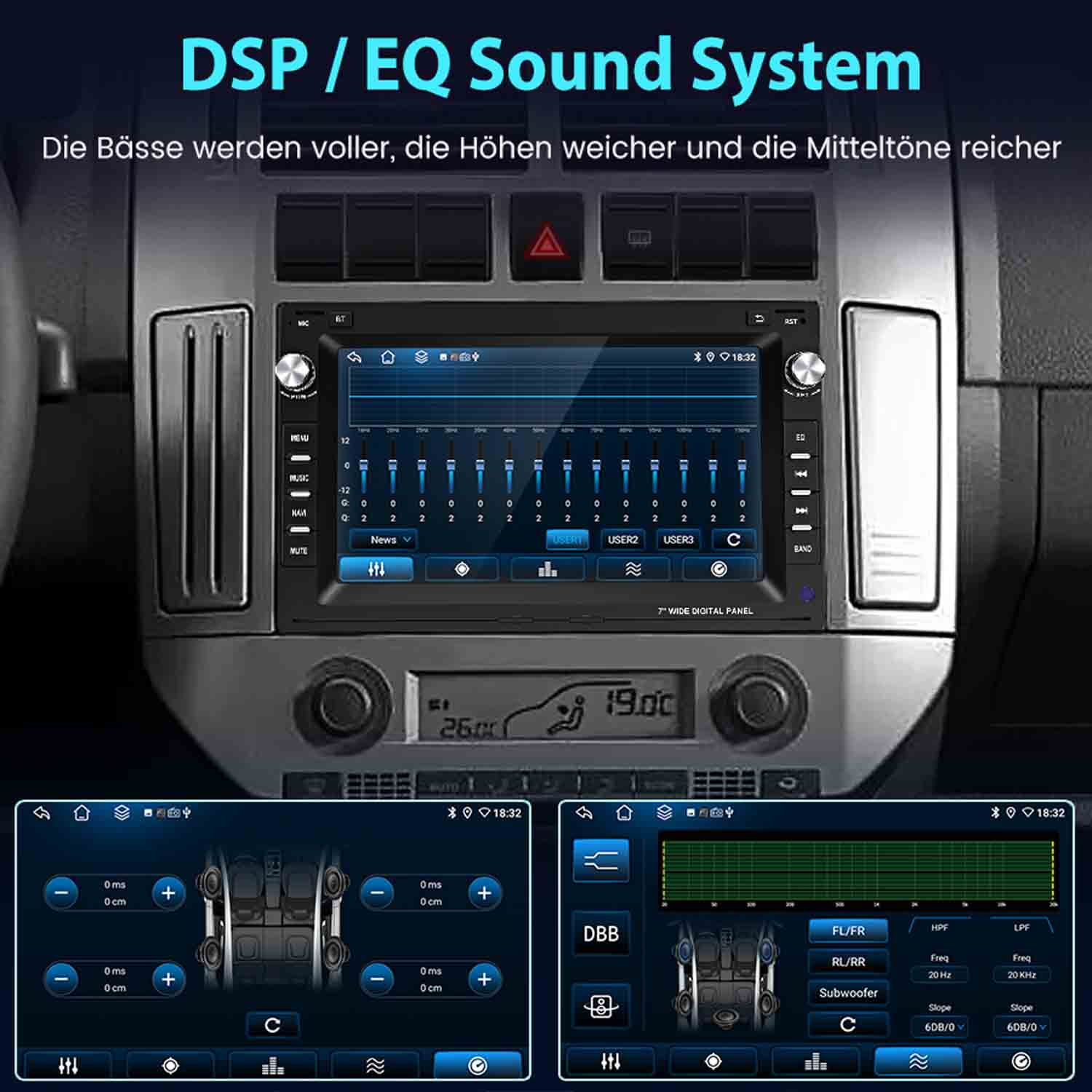 Ein Auto-DSP/EQ-System mit Equalizer-Einstellungen und Audio-Menüs.