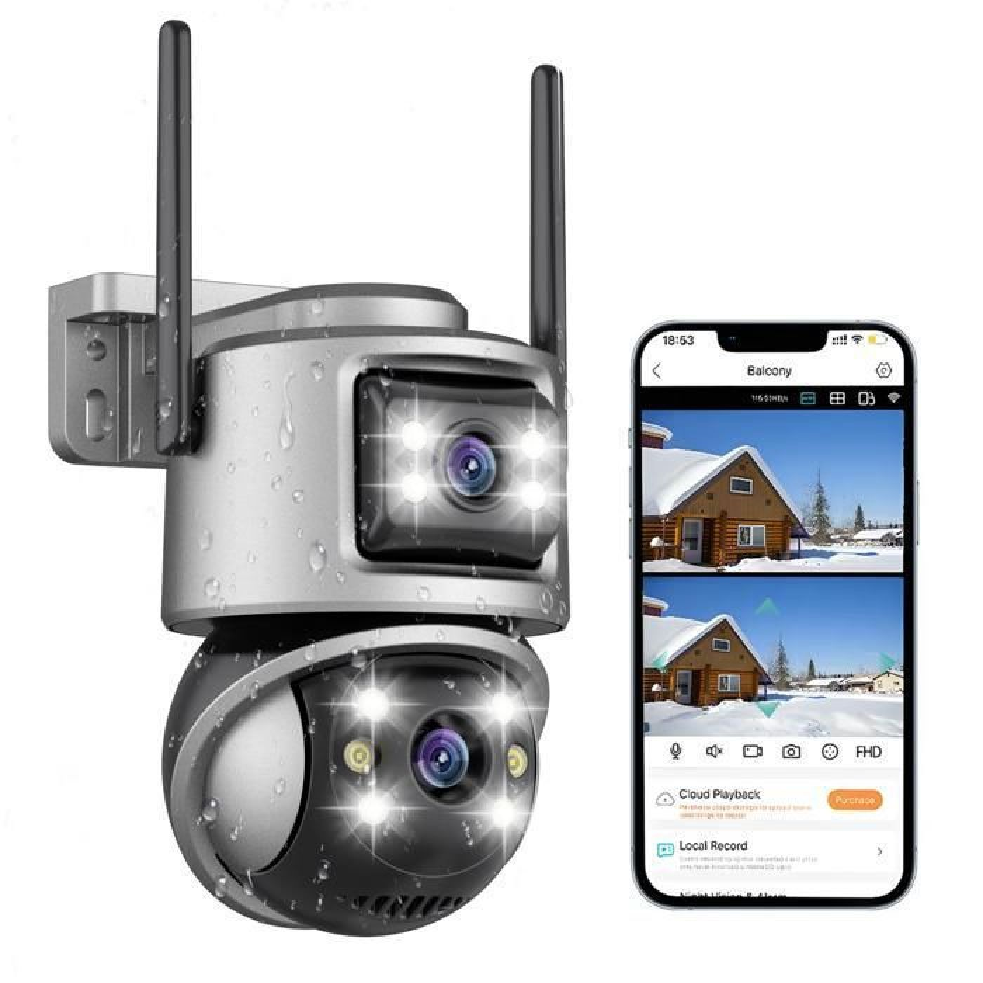 Eine silberne Überwachungskamera mit zwei Antennen ist neben einem Smartphone abgebildet, das zwei Live-Aufnahmen einer verschneiten Hütte zeigt.