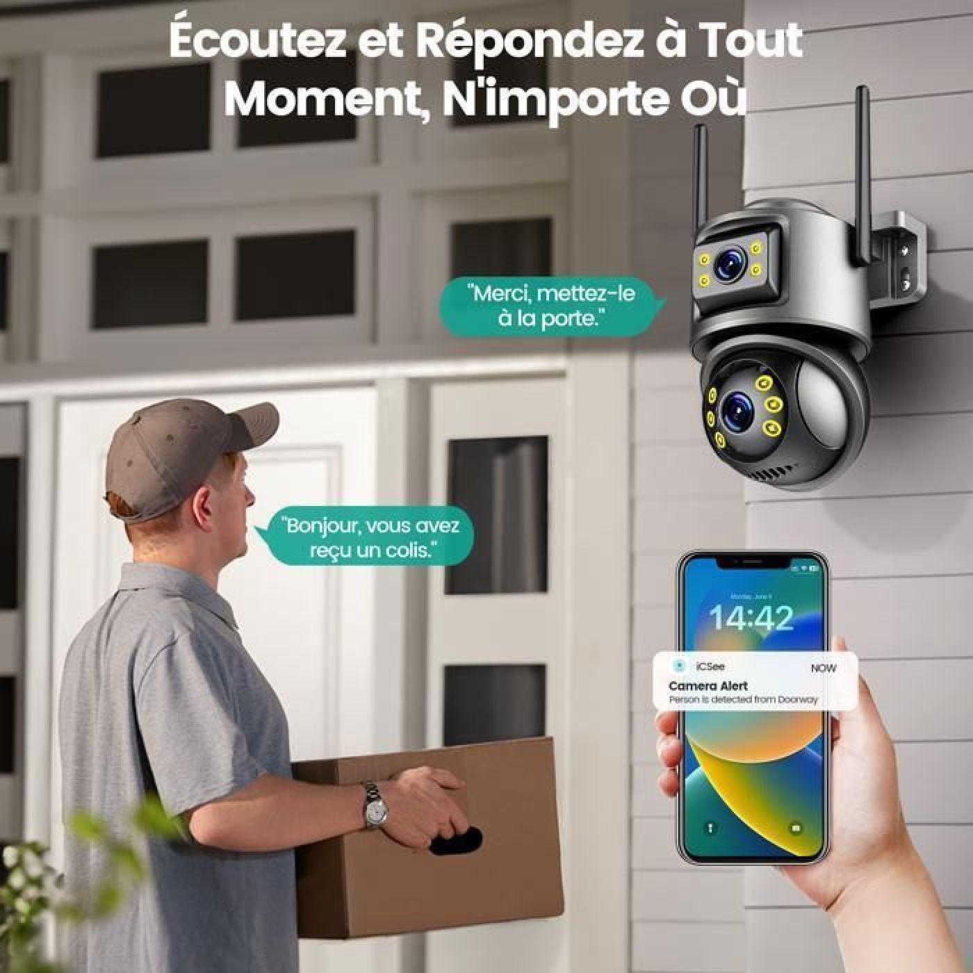 Lieferbote mit Paket, eine Überwachungskamera und ein Handy mit Benachrichtigung.