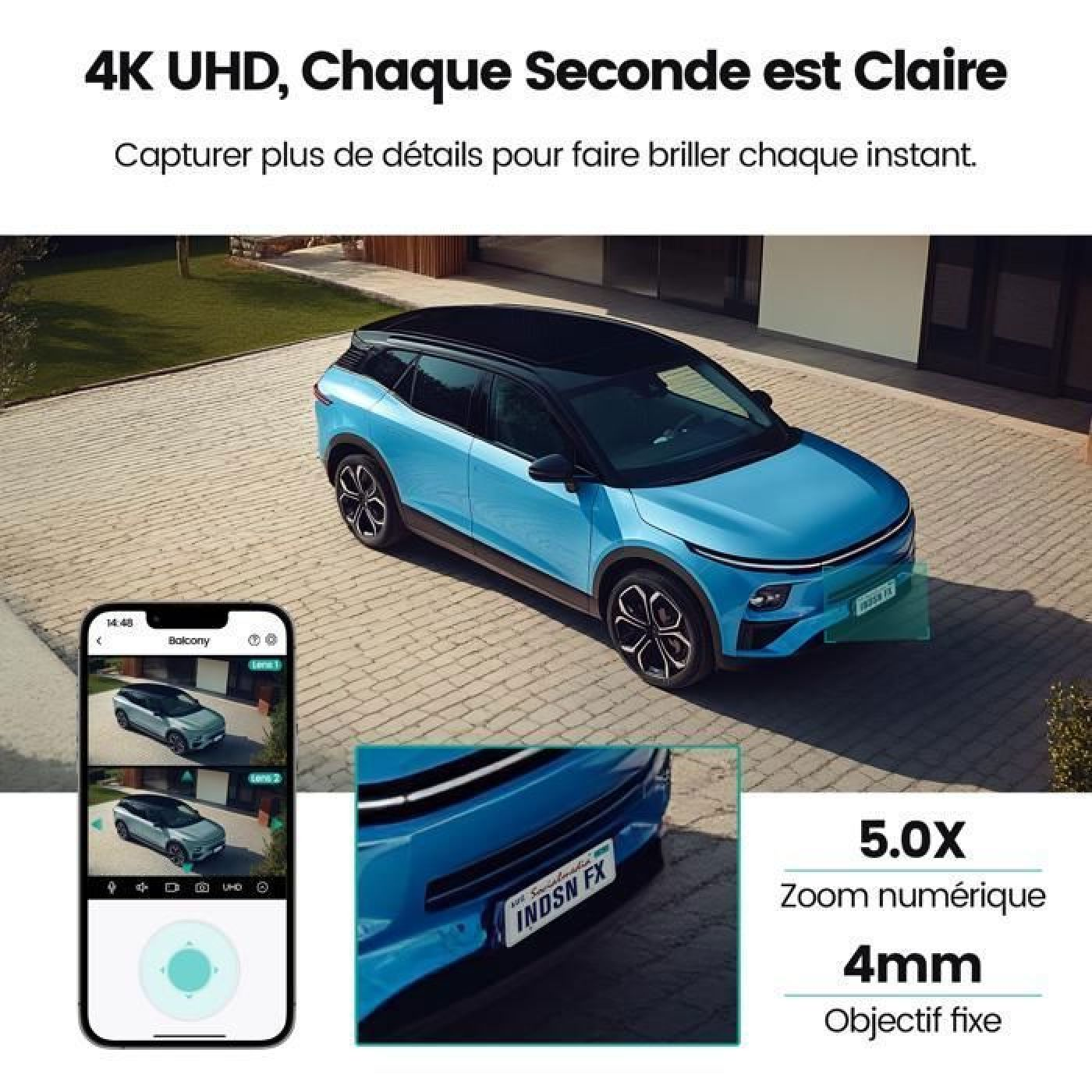 Blauer SUV auf Kopfsteinpflaster, mit Smartphone-Ansicht und Zoom-Details.