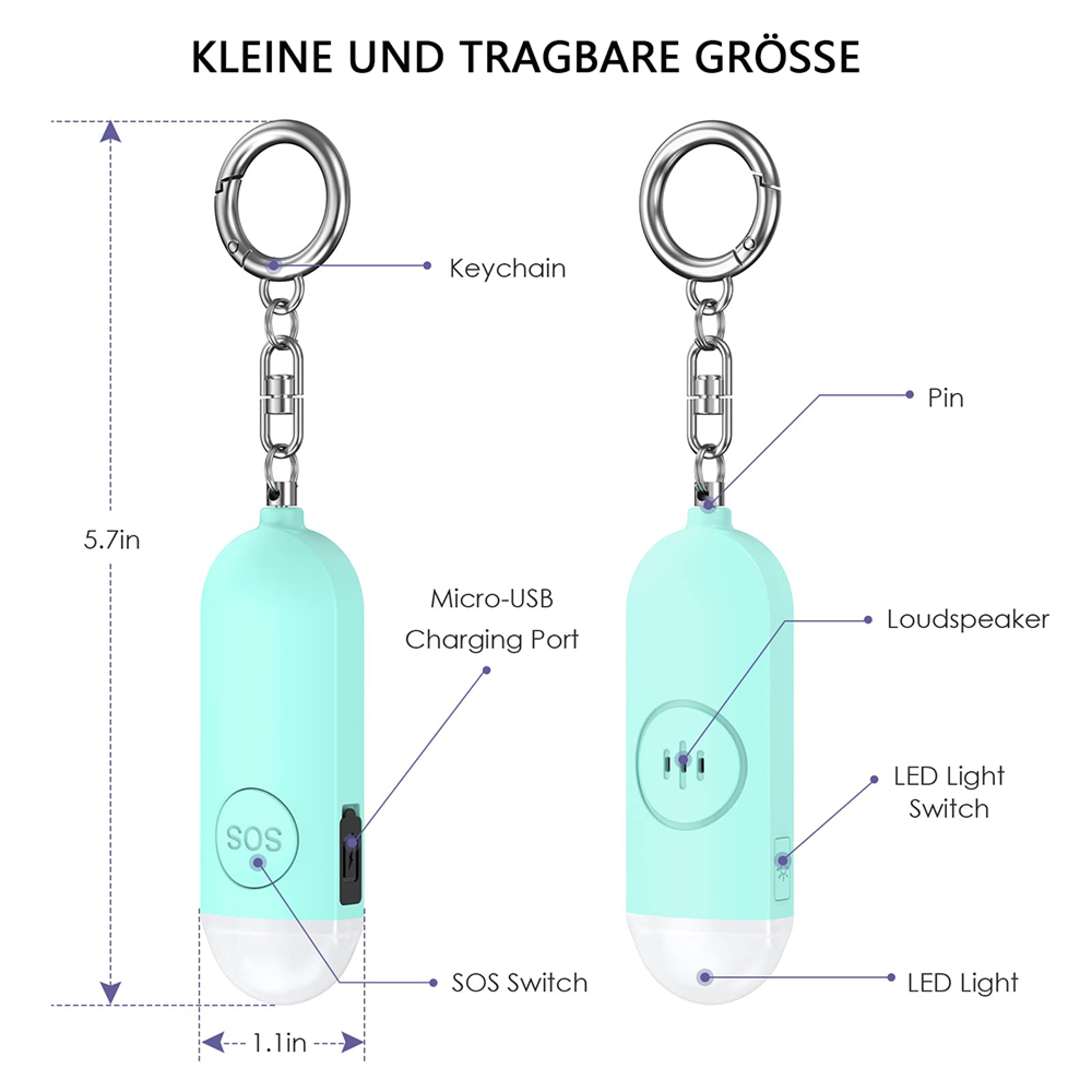Ein türkisfarbener Anhänger mit Schlüsselring, SOS-Knopf, USB-Anschluss und LED.